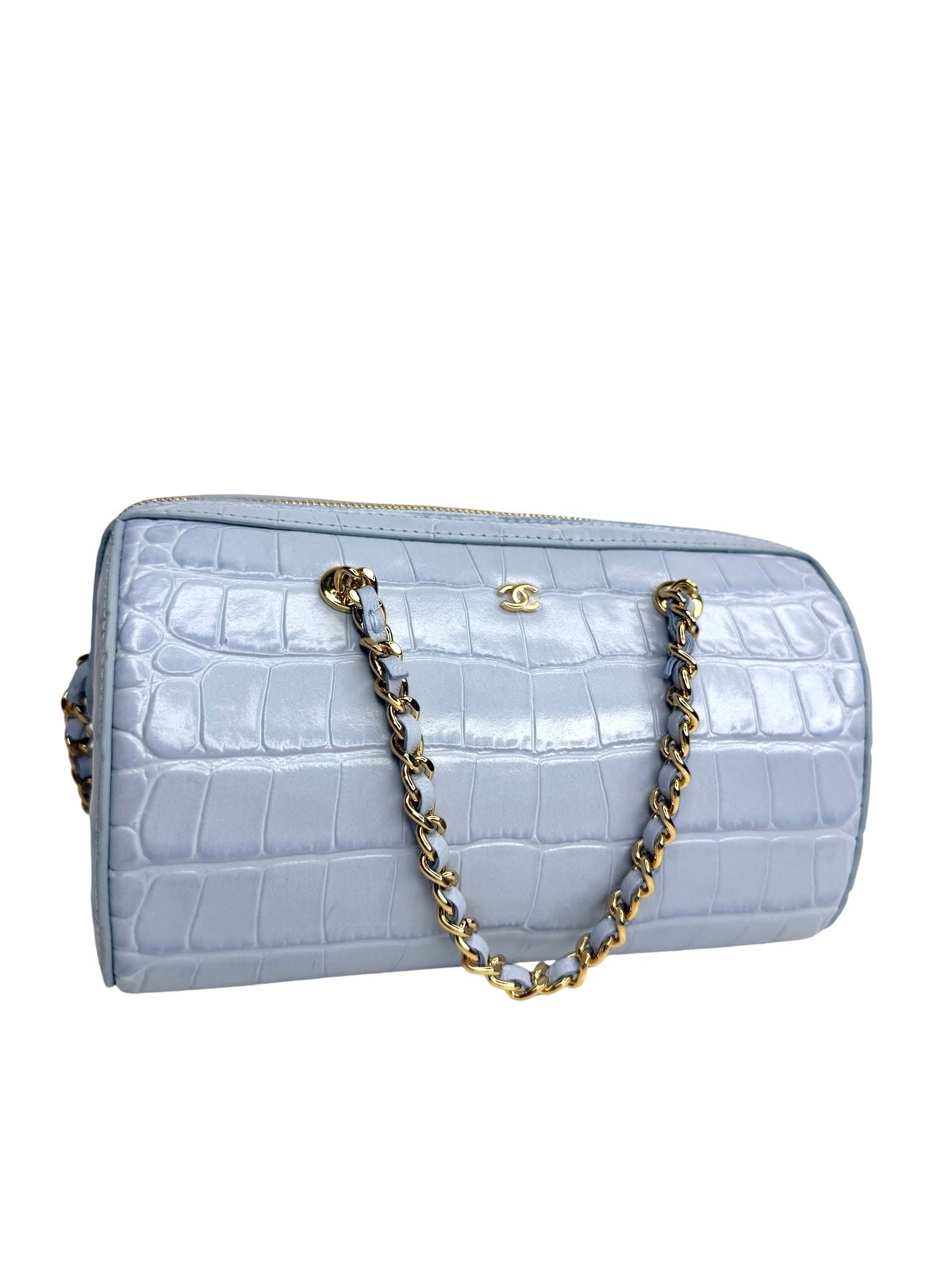 Chanel Light Blue Crocodile Embossed Mini Bowling Bag T8898
