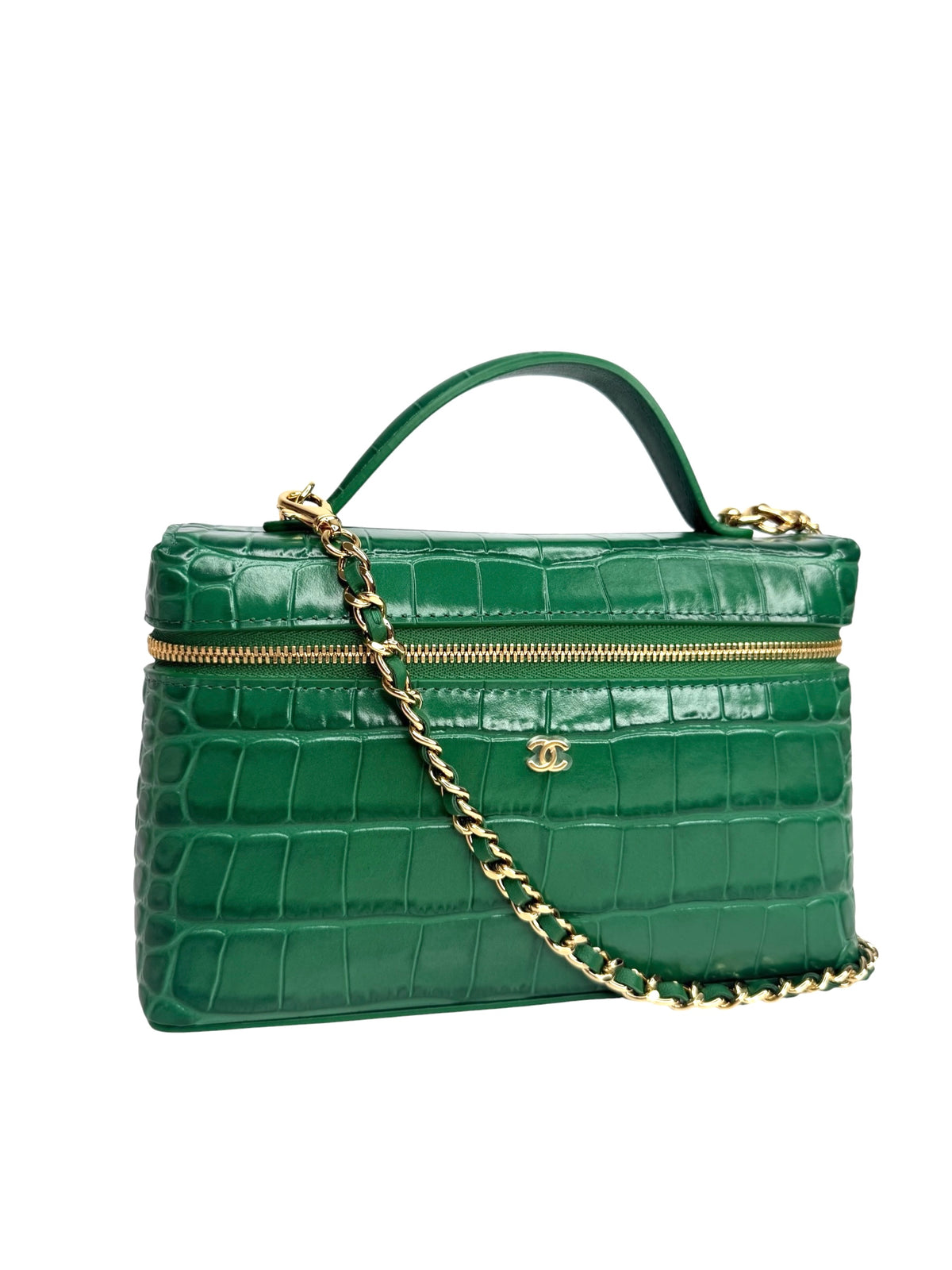 Chanel Green Crocodile Embossed Slim Vanity T8236