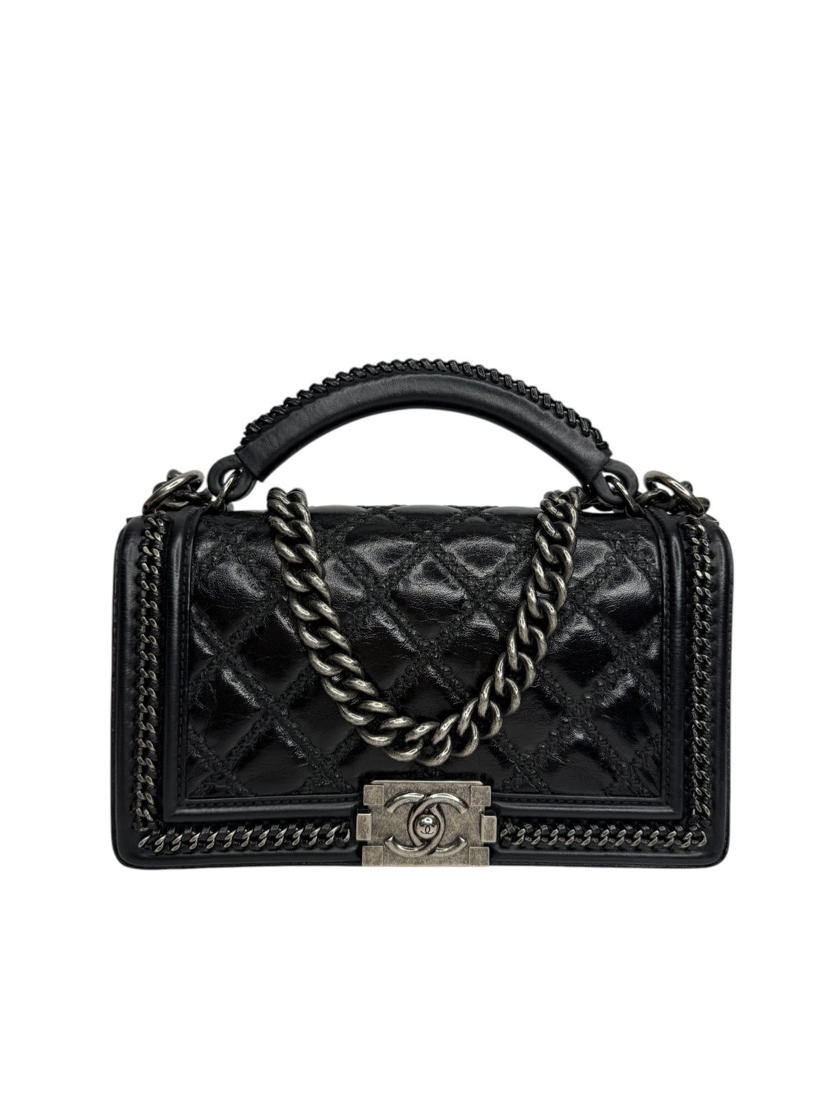 Chanel Black Chain Around Top Handle Boy Bag T8970