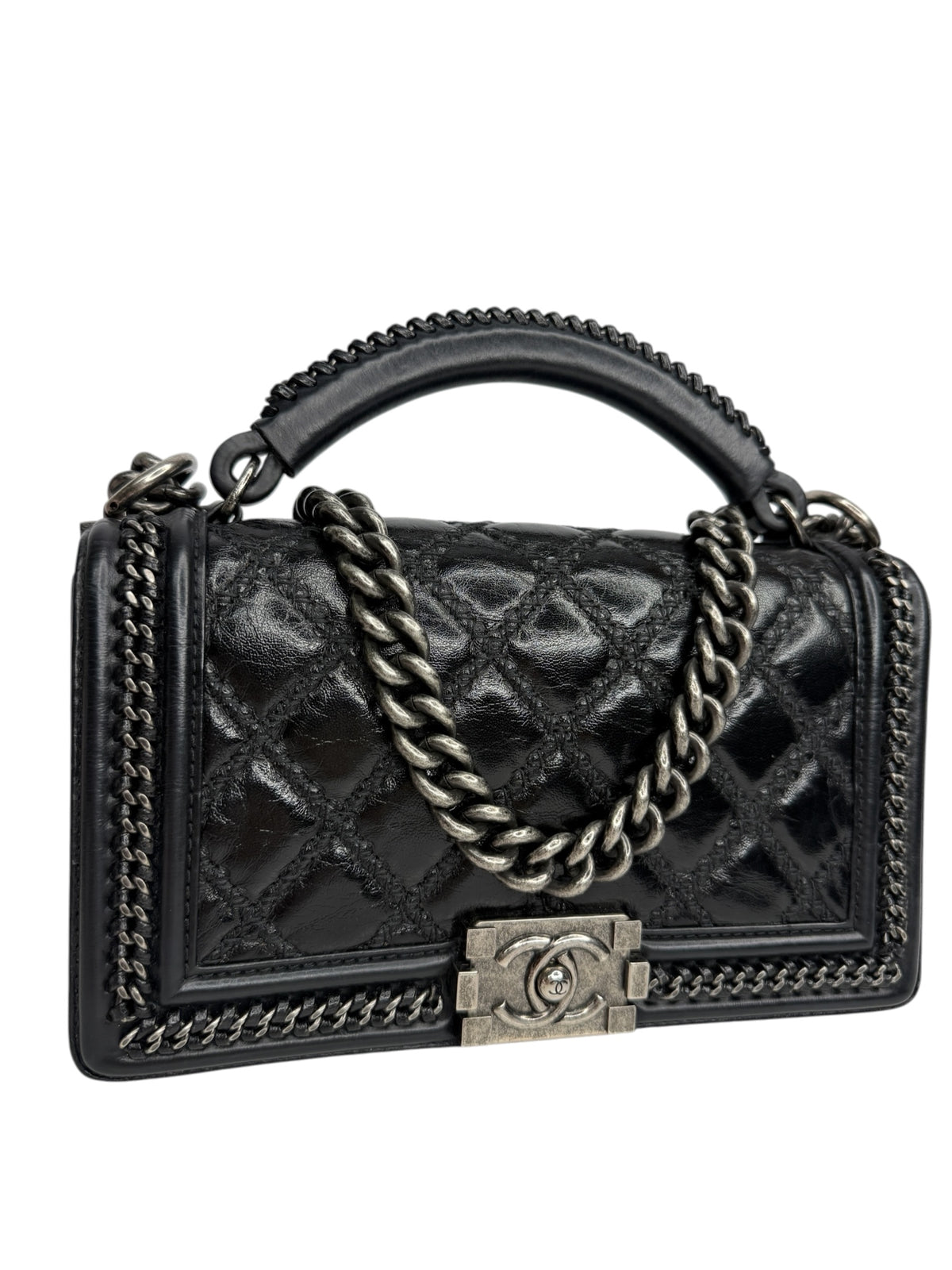 Chanel Black Chain Around Top Handle Boy Bag T8970