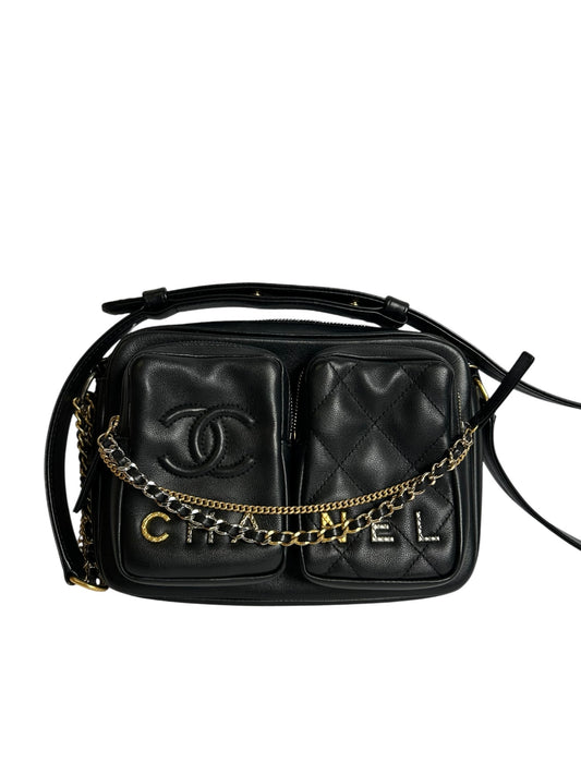 Chanel Black Calfskin Twin Pocket Camera Bag T8045