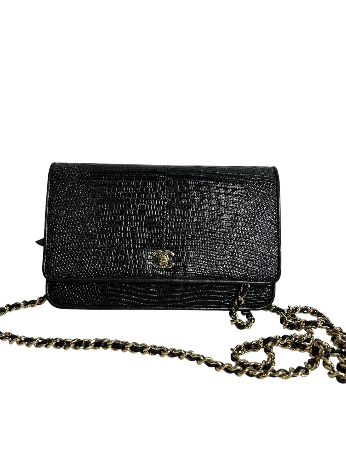 Chanel Black Lizard Embossed Wallet With Chain