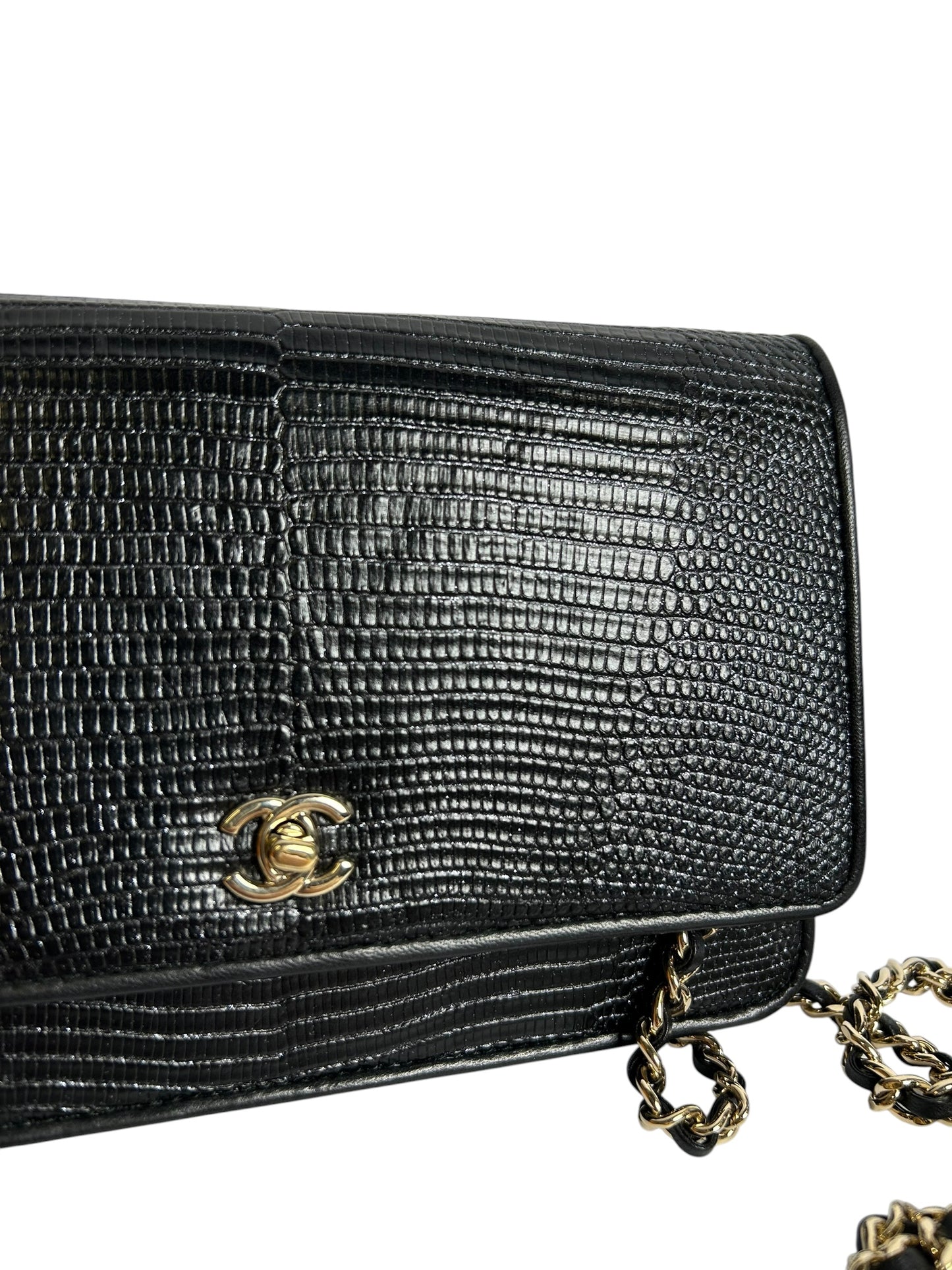 Chanel Black Lizard Embossed Wallet With Chain