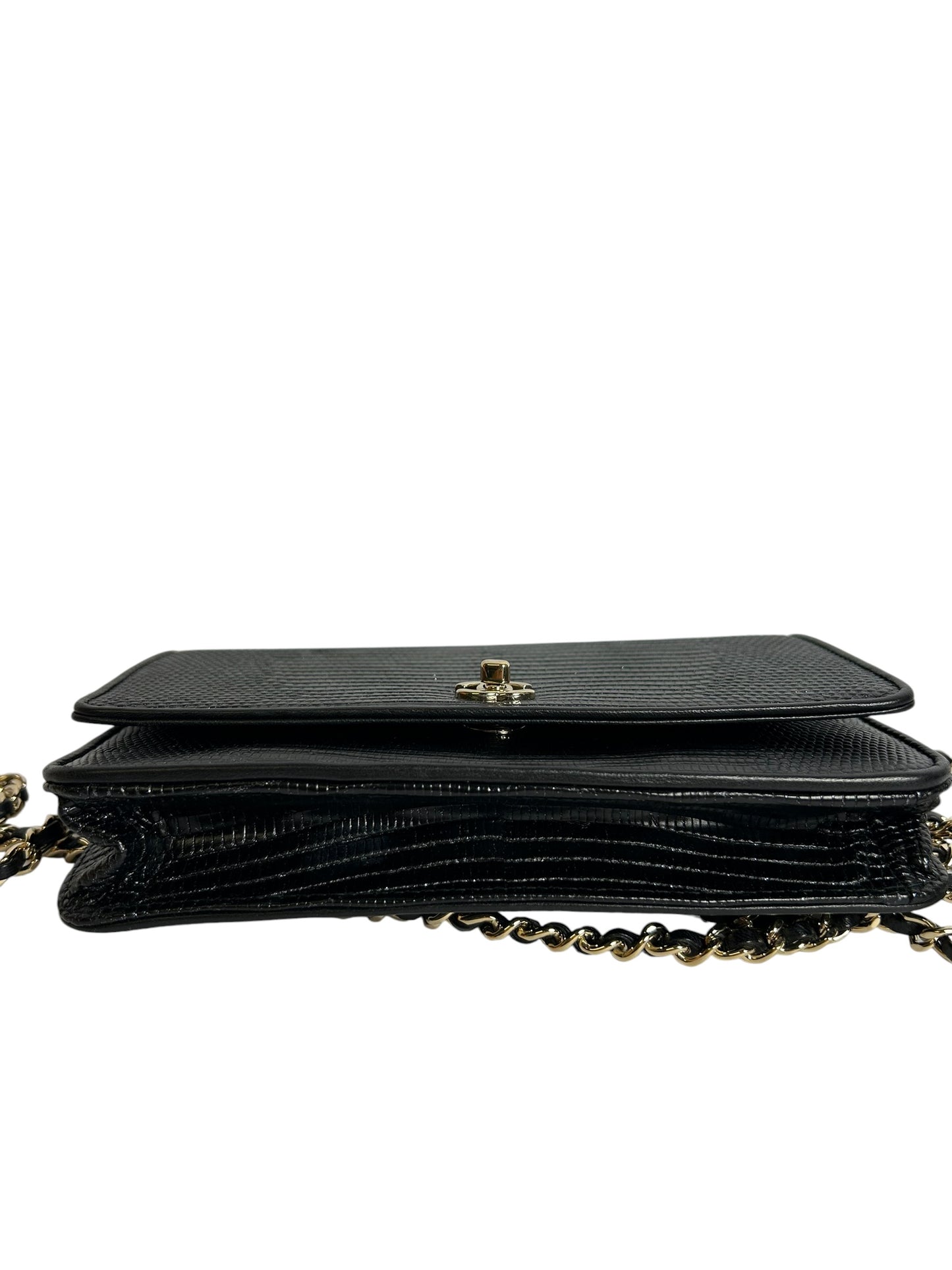 Chanel Black Lizard Embossed Wallet With Chain
