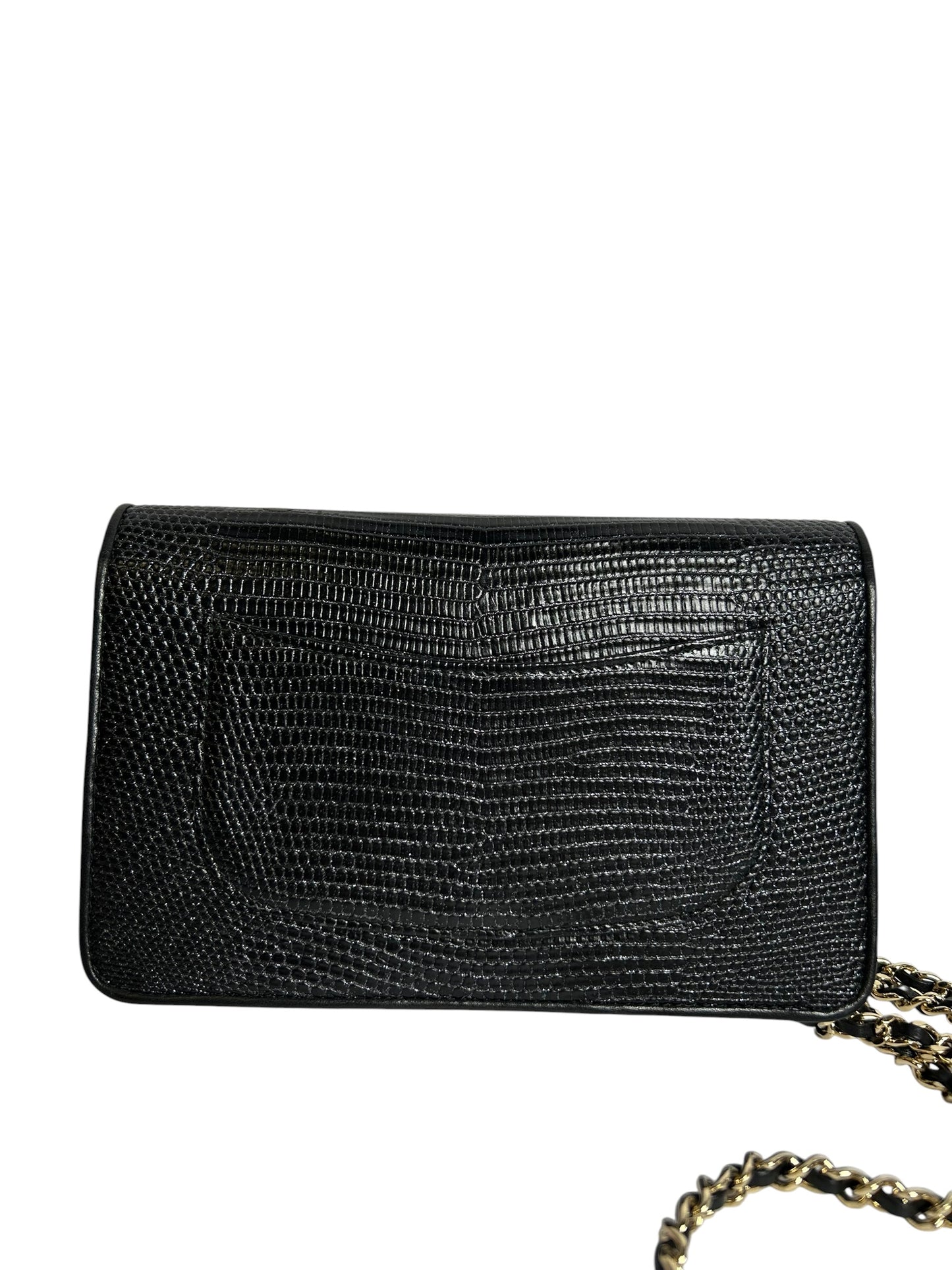 Chanel Black Lizard Embossed Wallet With Chain