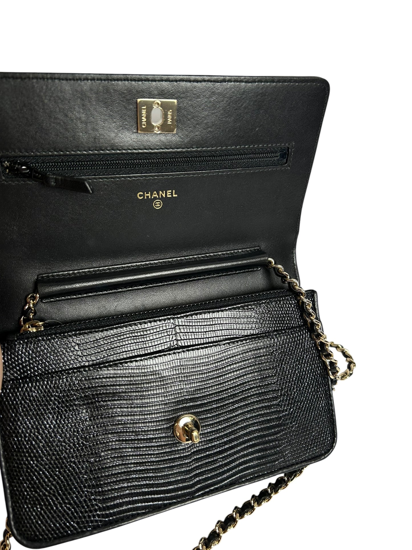 Chanel Black Lizard Embossed Wallet With Chain