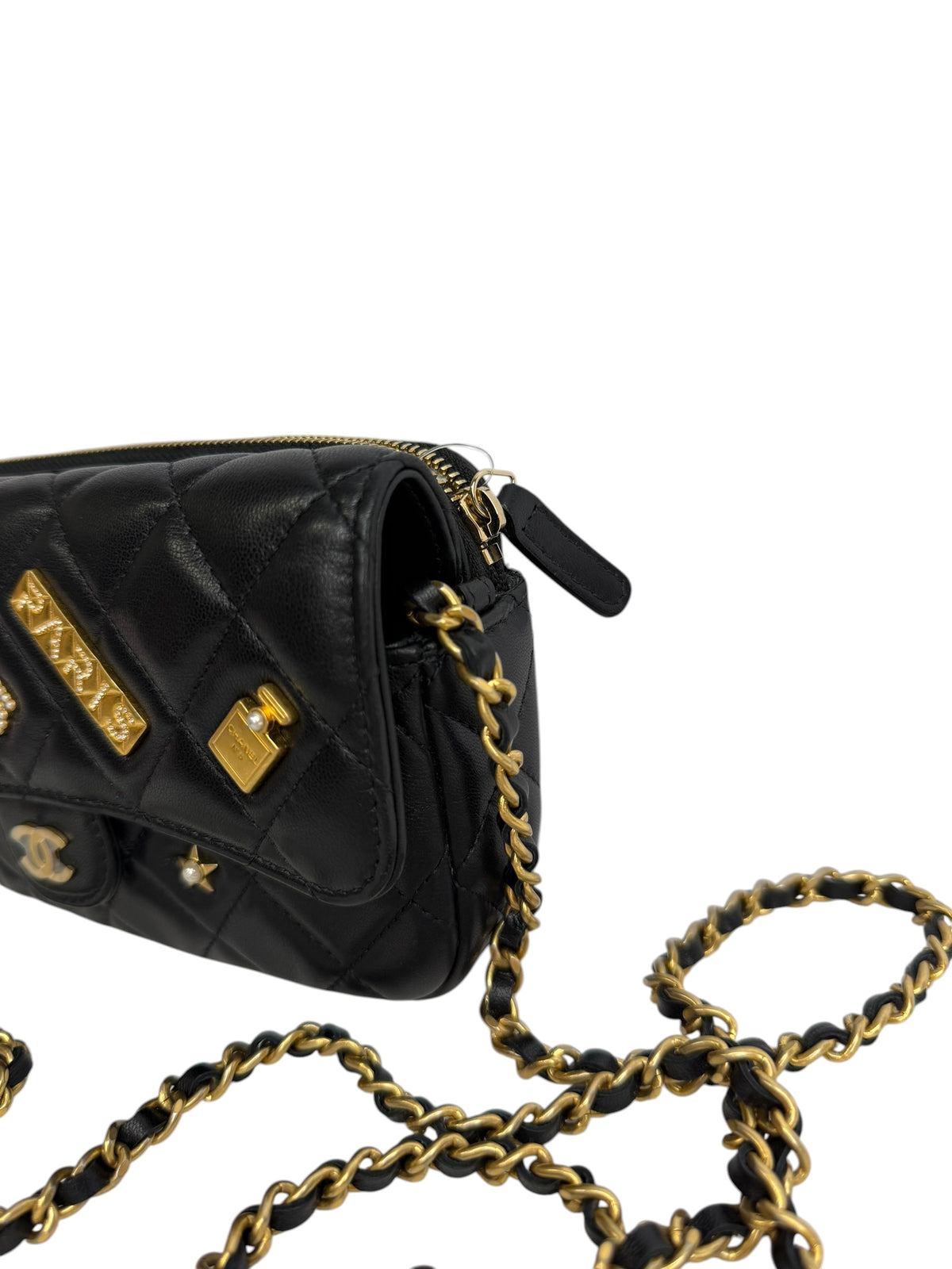 Chanel Lucky Charms Black Flap Wallet With Chain T8937