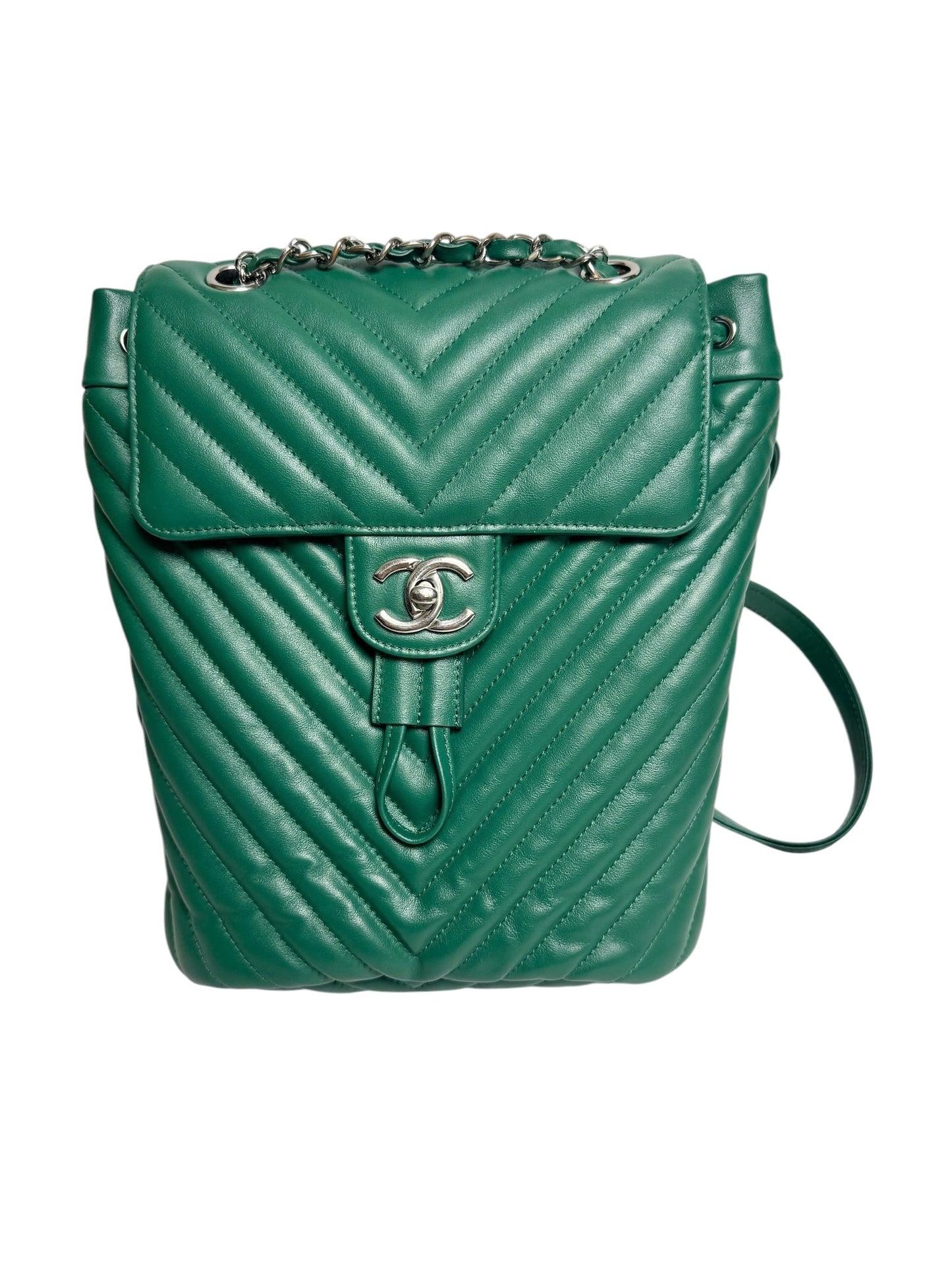 Chanel Green Chevron Quilted Backpack