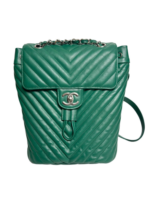 Chanel Green Chevron Quilted Backpack