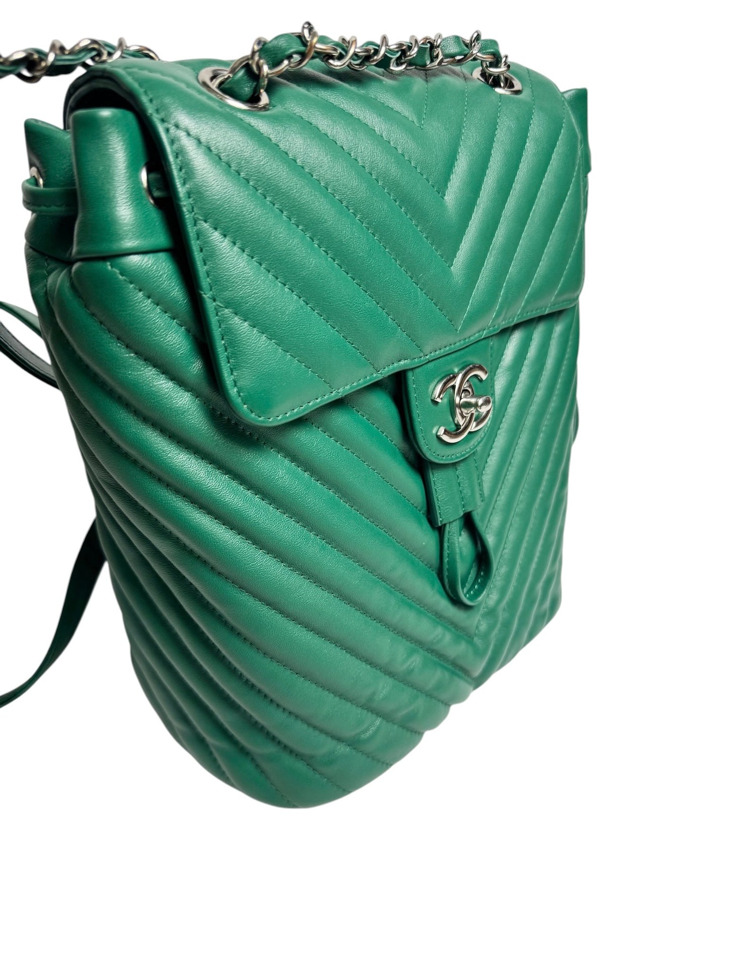 Chanel Green Chevron Quilted Backpack