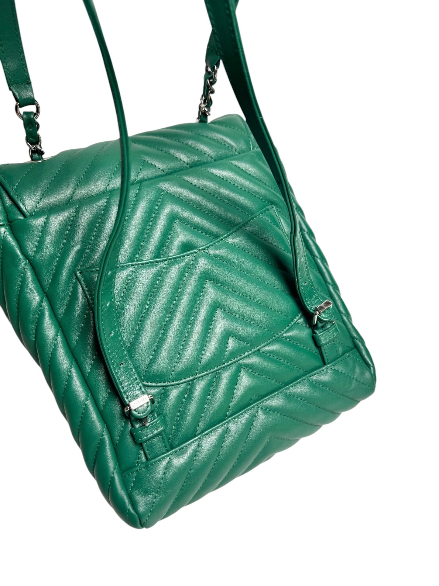 Chanel Green Chevron Quilted Backpack