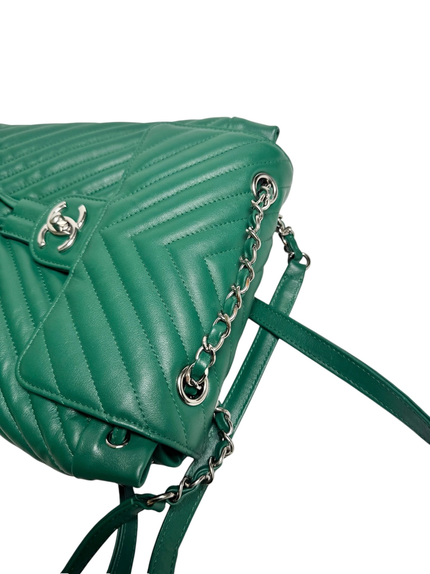Chanel Green Chevron Quilted Backpack