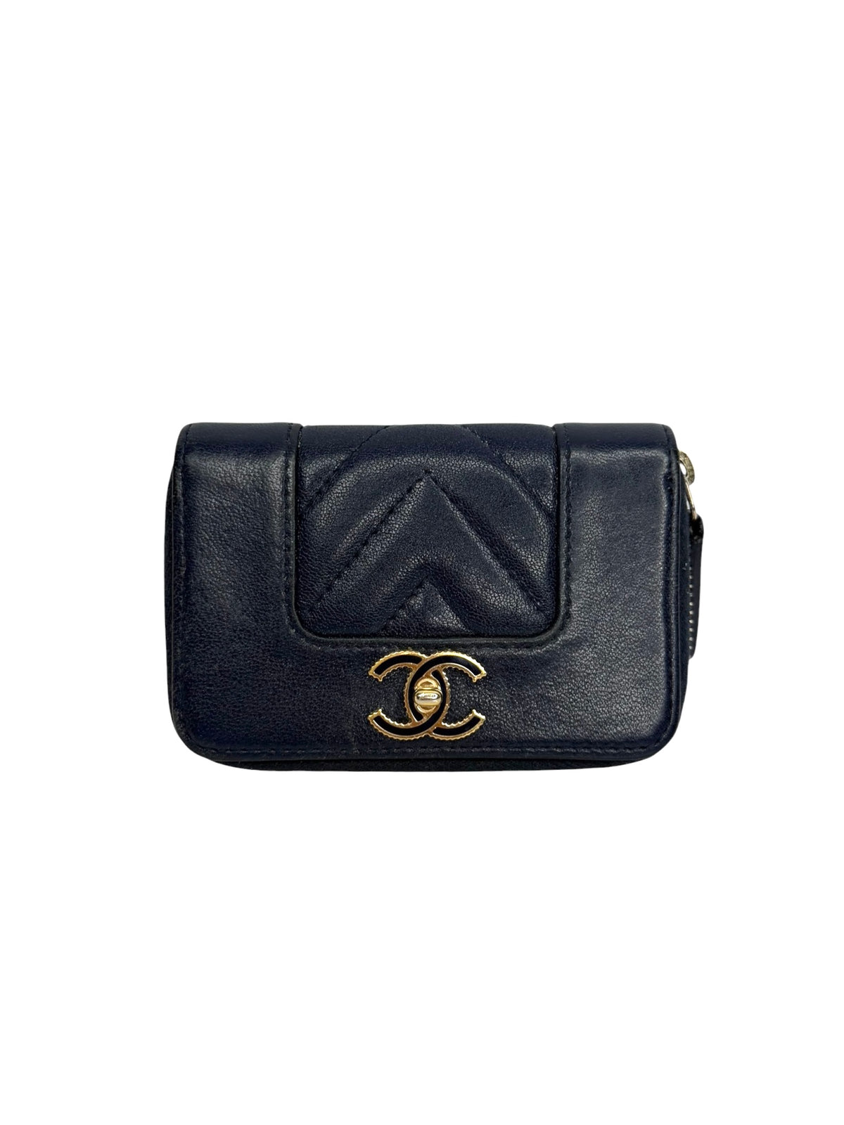 Chanel Navy Chevron Zip Around Cardholder T