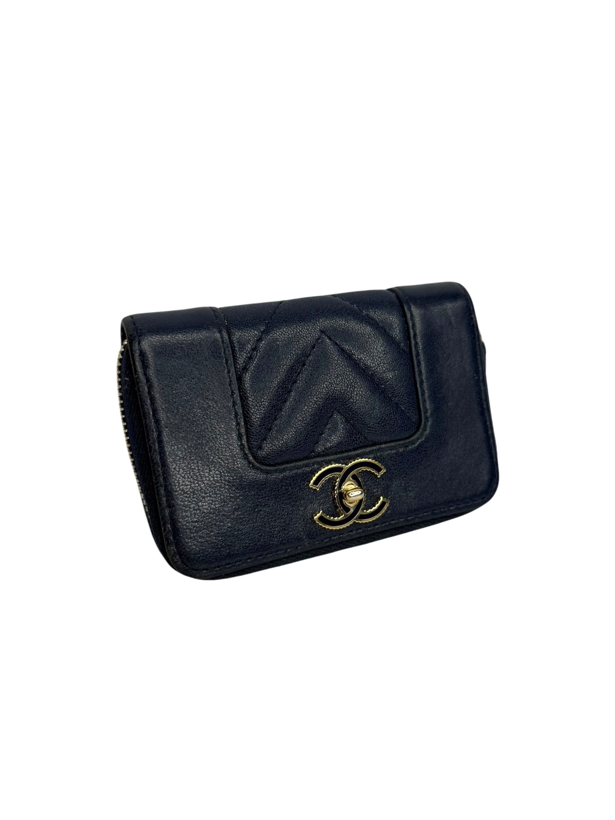 Chanel Navy Chevron Zip Around Cardholder T