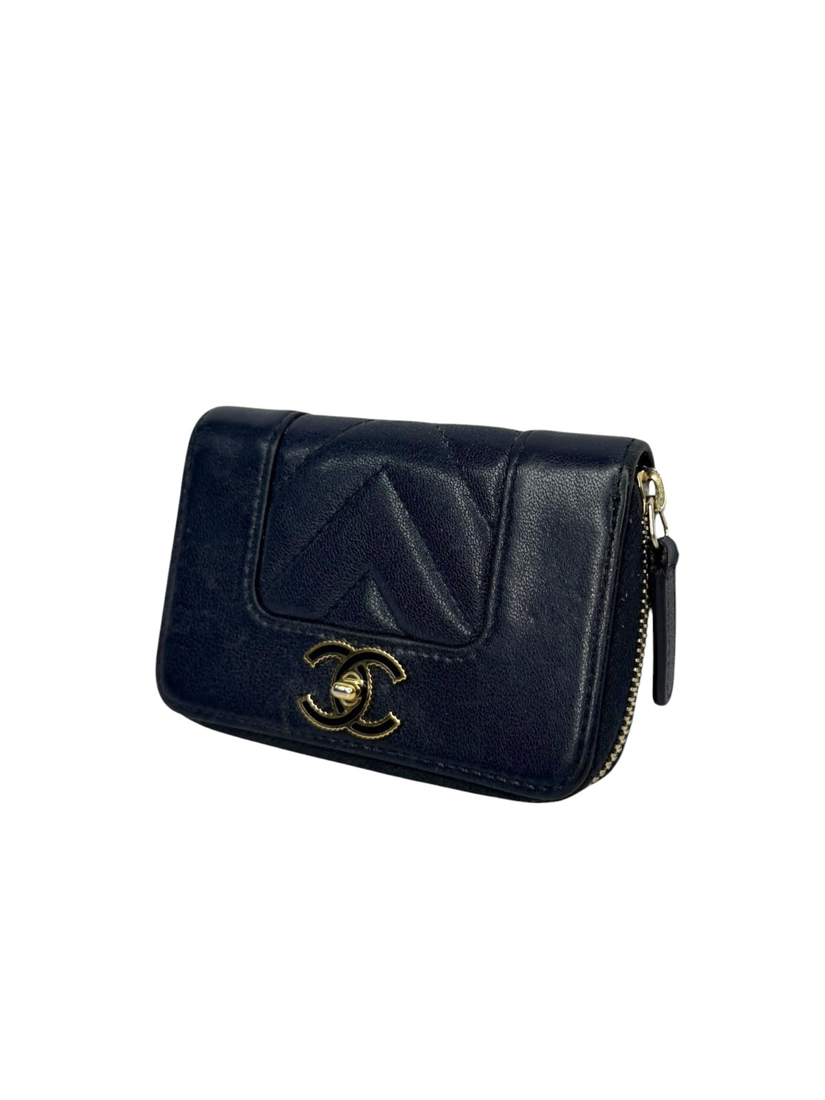 Chanel Navy Chevron Zip Around Cardholder T