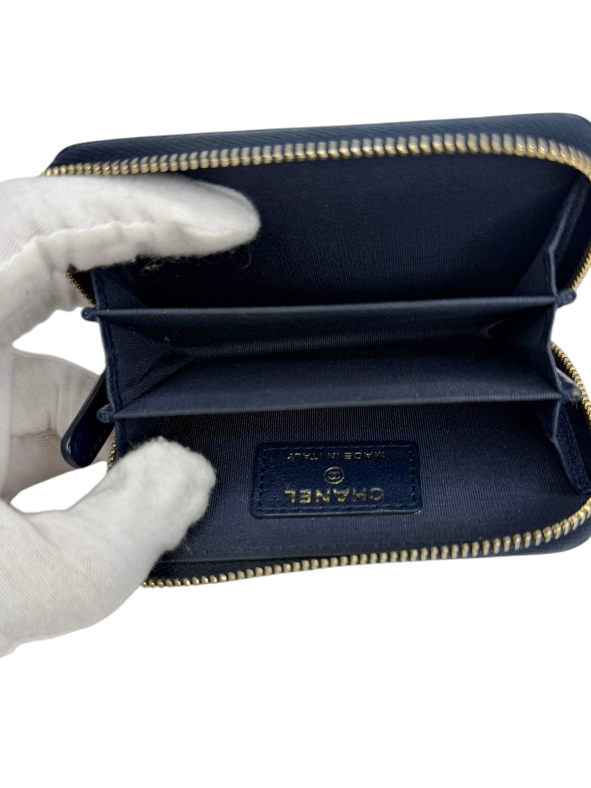 Chanel Navy Chevron Zip Around Cardholder T