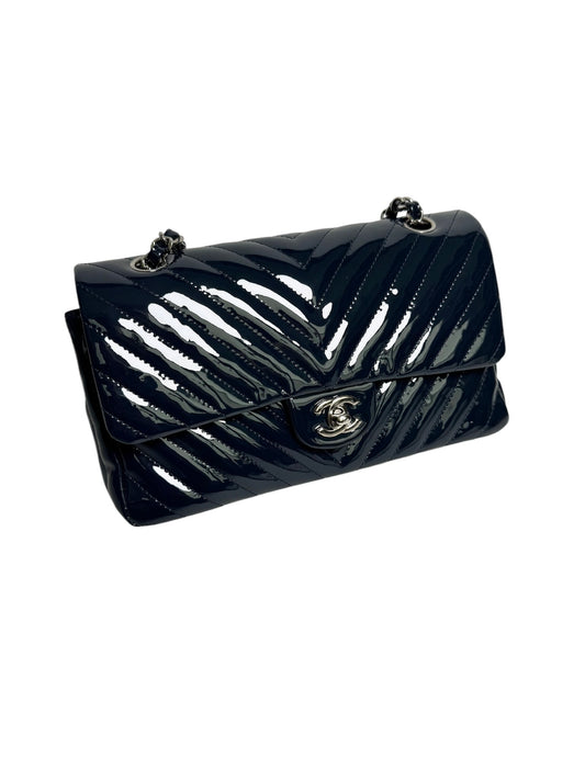 Chanel Navy Chevron Patent Medium Double Flap