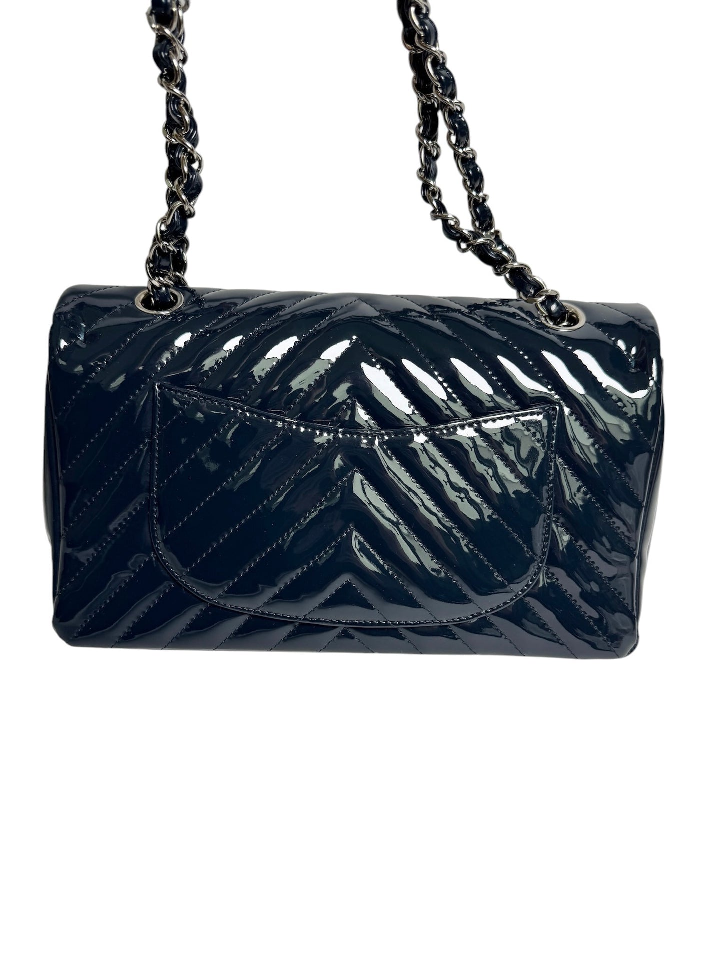 Chanel Navy Chevron Patent Medium Double Flap