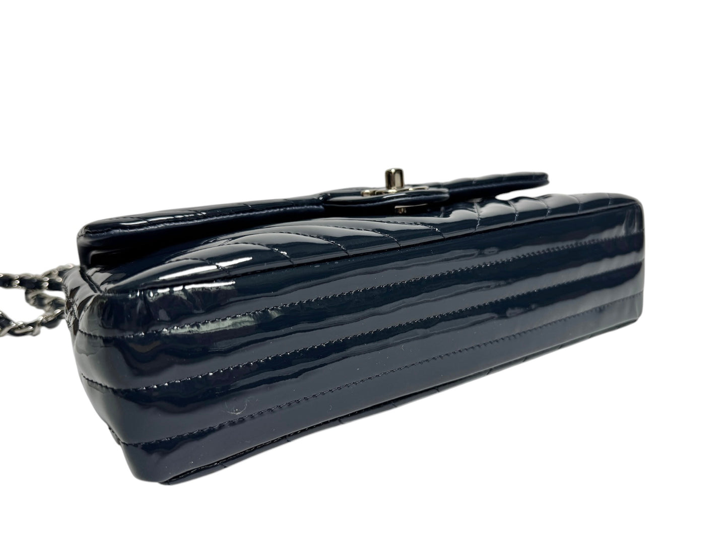 Chanel Navy Chevron Patent Medium Double Flap