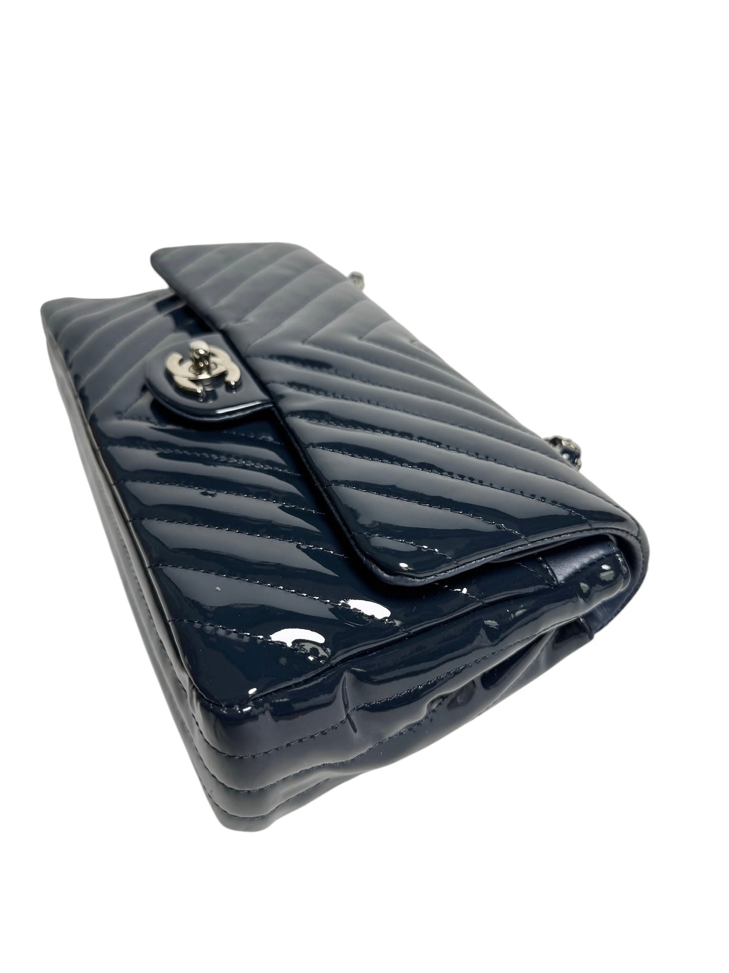 Chanel Navy Chevron Patent Medium Double Flap