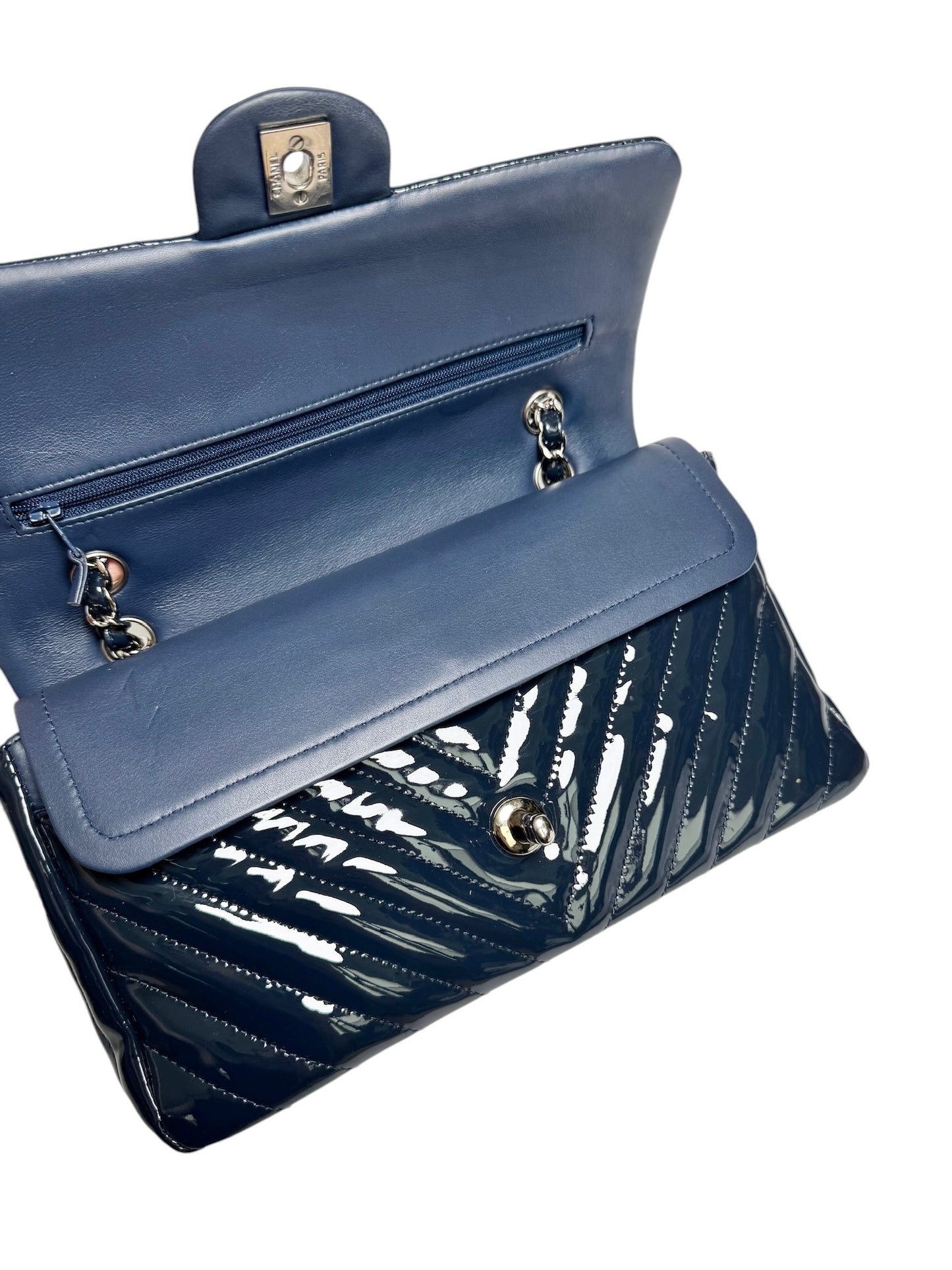 Chanel Navy Chevron Patent Medium Double Flap
