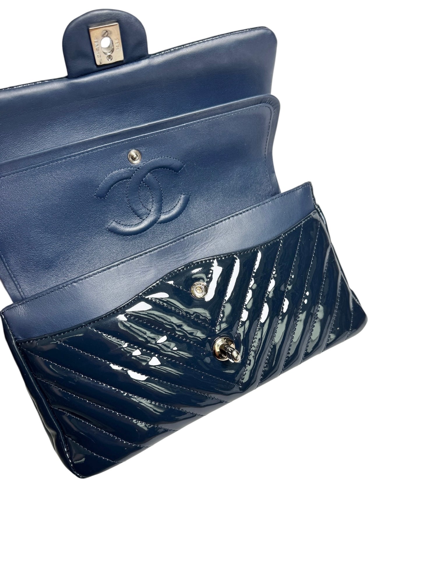 Chanel Navy Chevron Patent Medium Double Flap