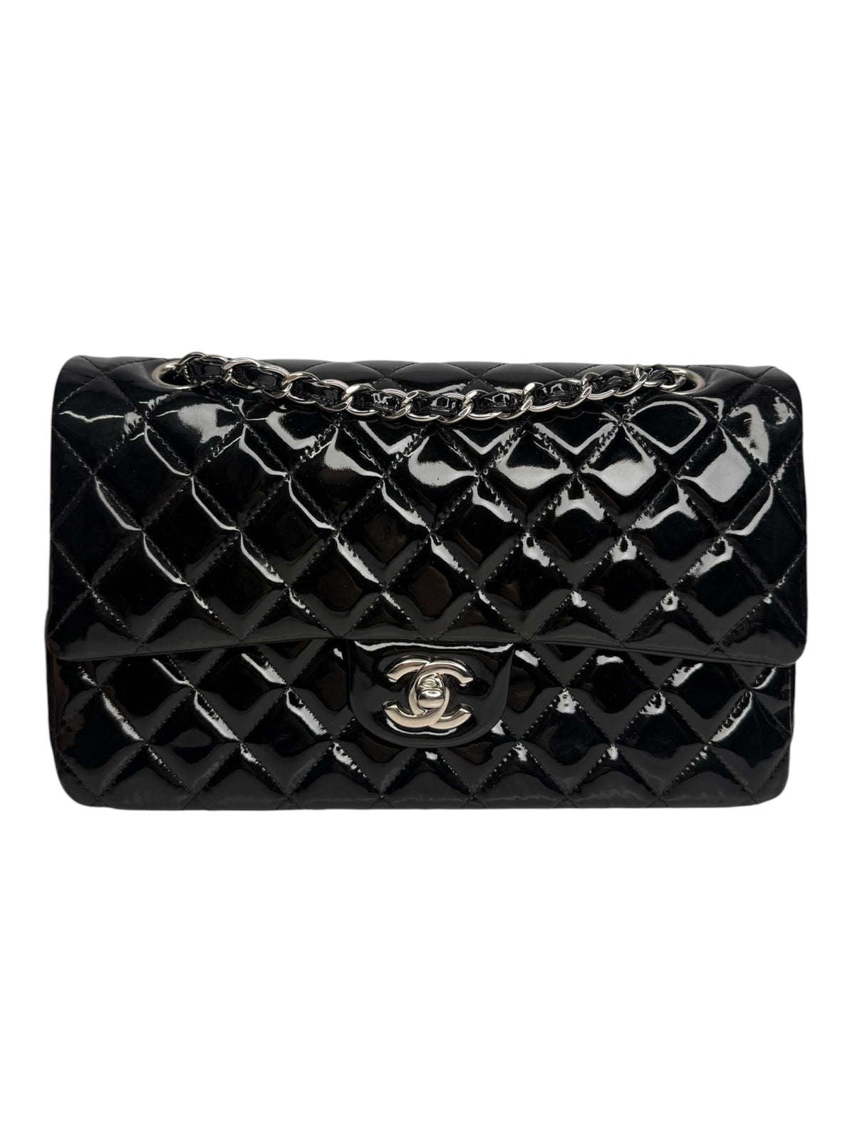 Chanel Black Patent Medium Double Flap SHW T9017
