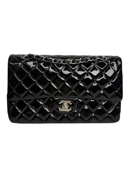 Chanel Black Patent Medium Double Flap SHW T9017