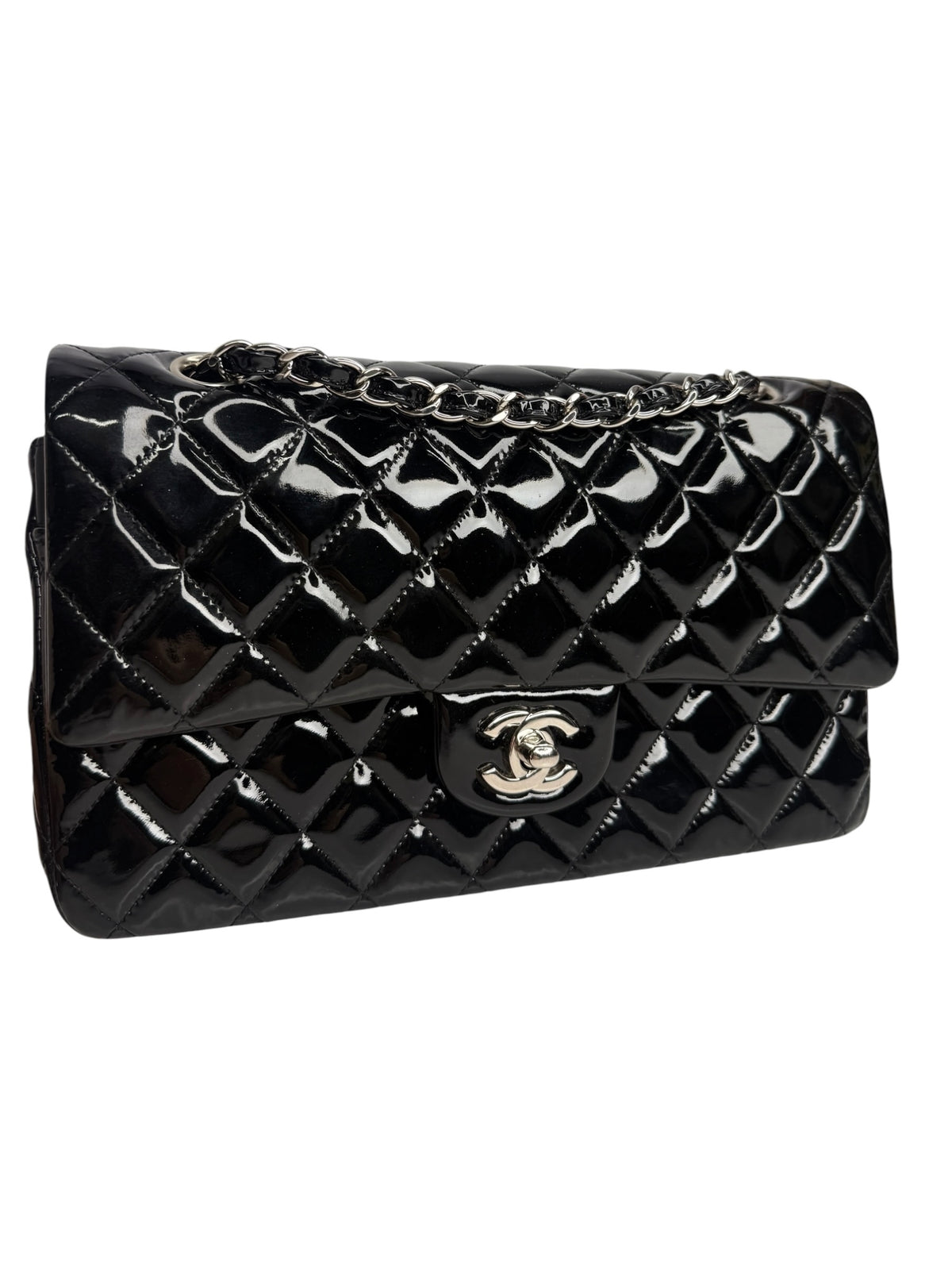 Chanel Black Patent Medium Double Flap SHW T9017