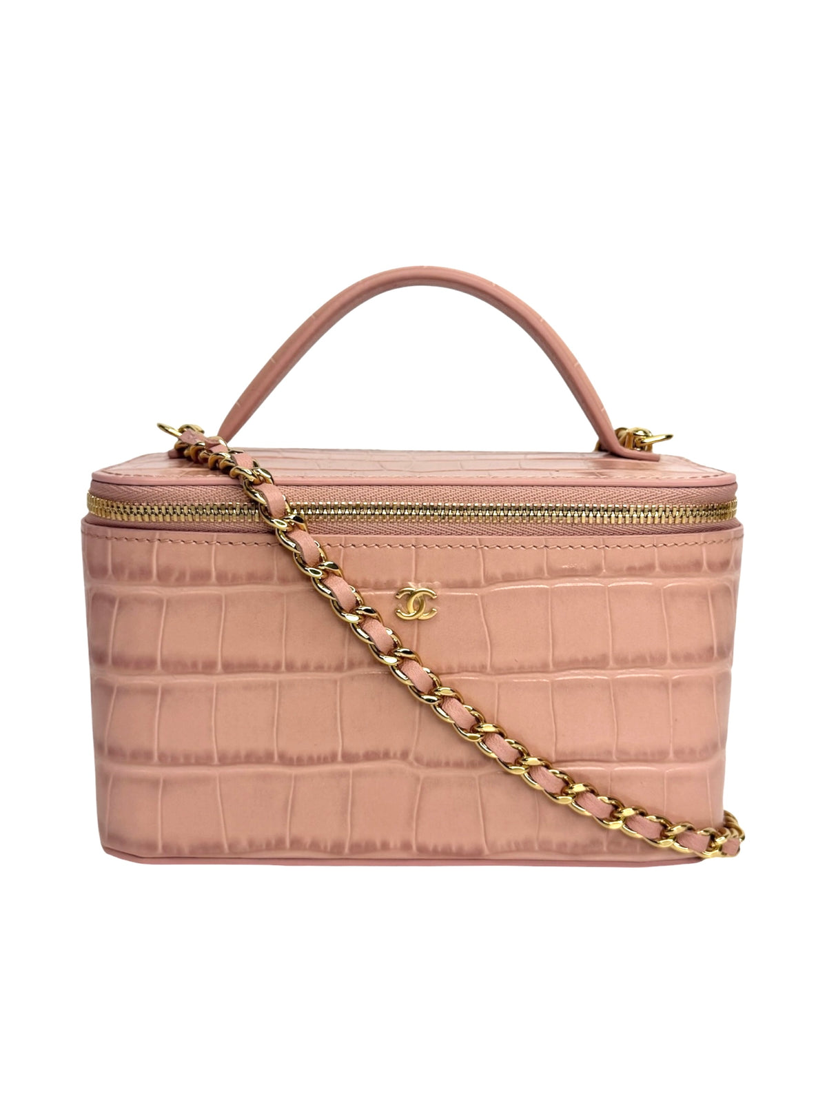 Chanel Pink Crocodile Embossed Top Handle Vanity T8997