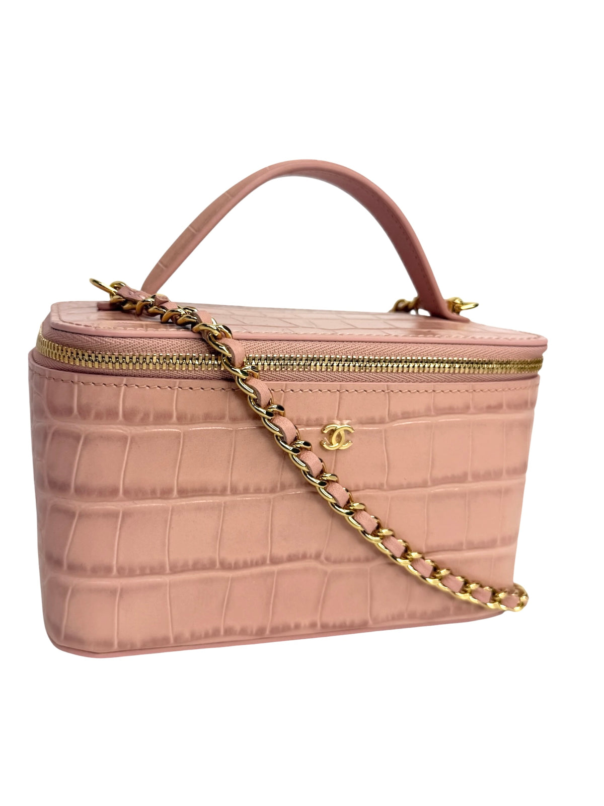 Chanel Pink Crocodile Embossed Top Handle Vanity T8997