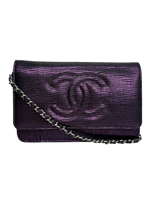 Chanel Metallic Purple Lizard Print Wallet With Chain T9016