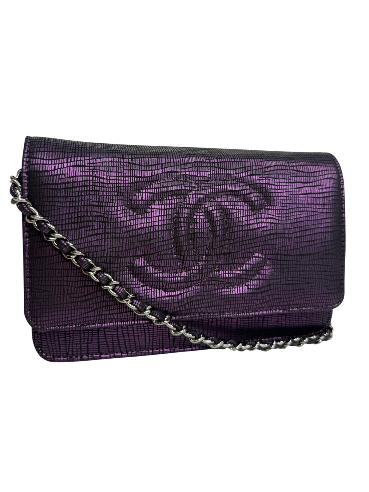 Chanel Metallic Purple Lizard Print Wallet With Chain T9016