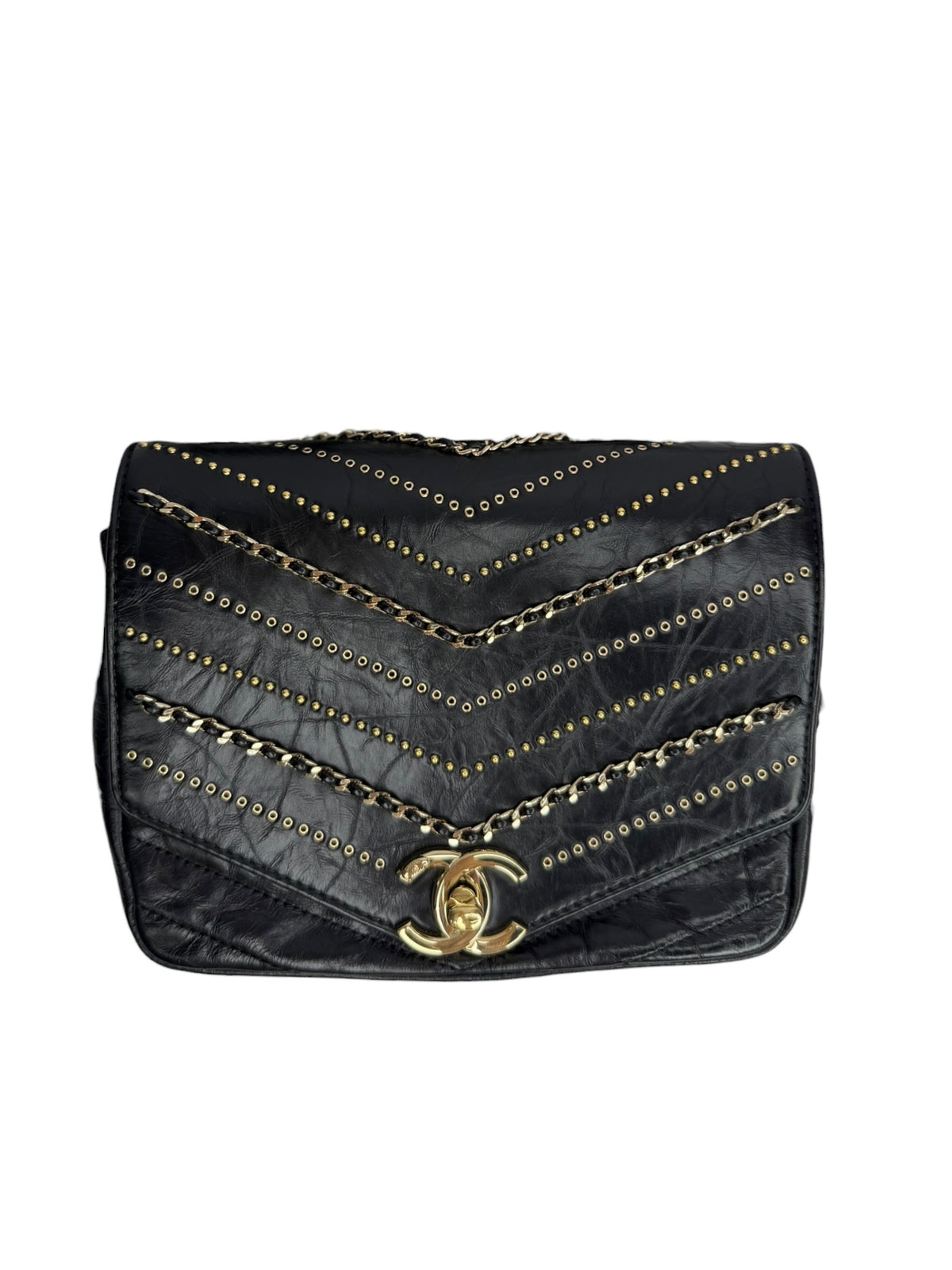 Chanel Chevron Studded Crossbody Black T9150