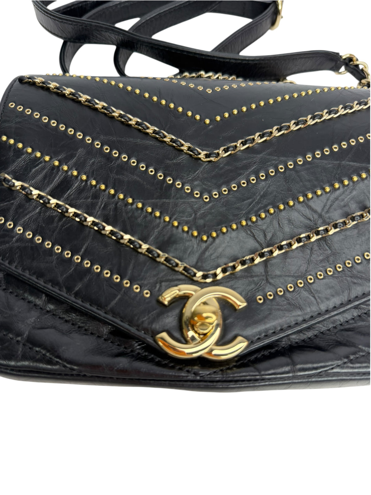 Chanel Chevron Studded Crossbody Black T9150