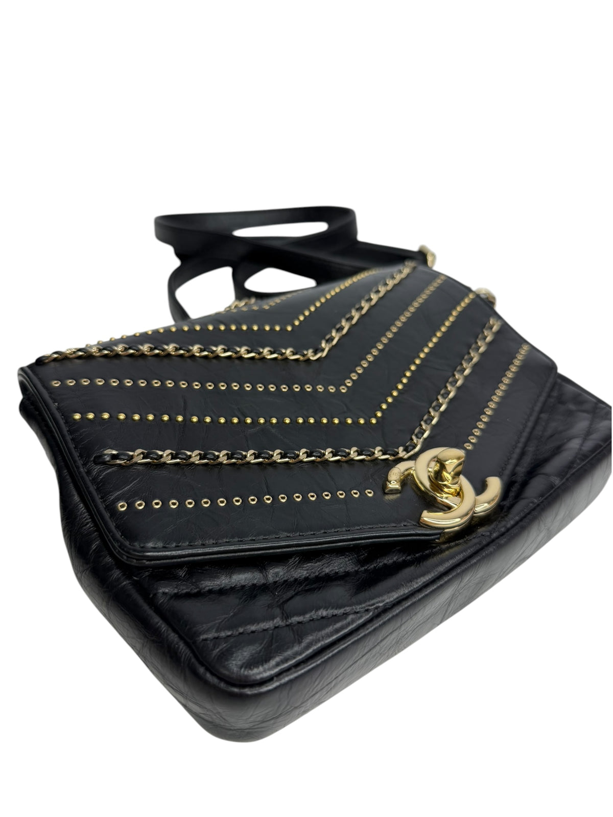 Chanel Chevron Studded Crossbody Black T9150