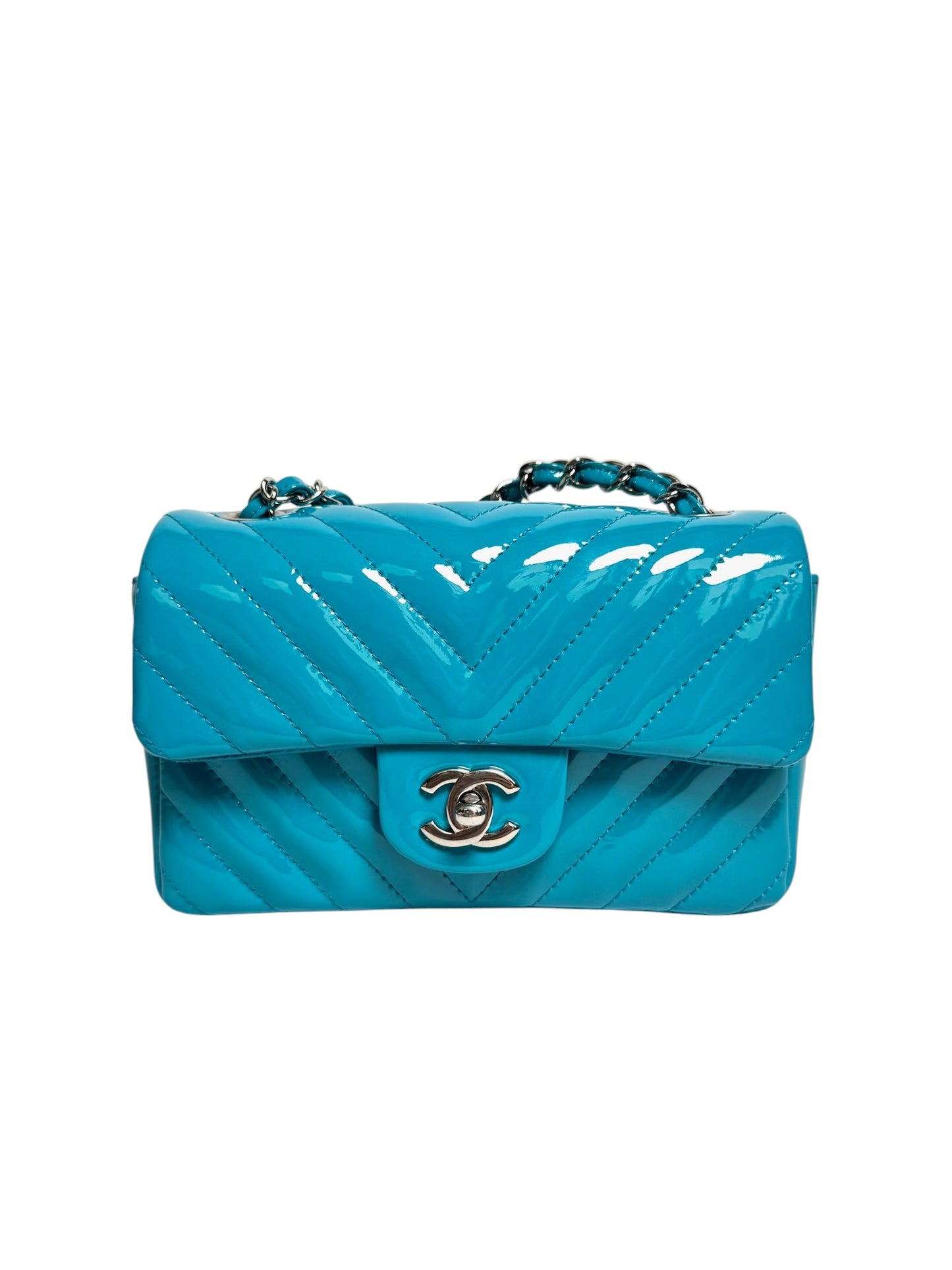 Chanel Mini Blue Patent Chevron Flap