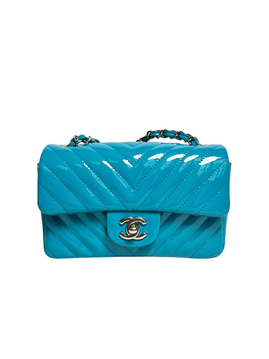 Chanel Mini Blue Patent Chevron Flap