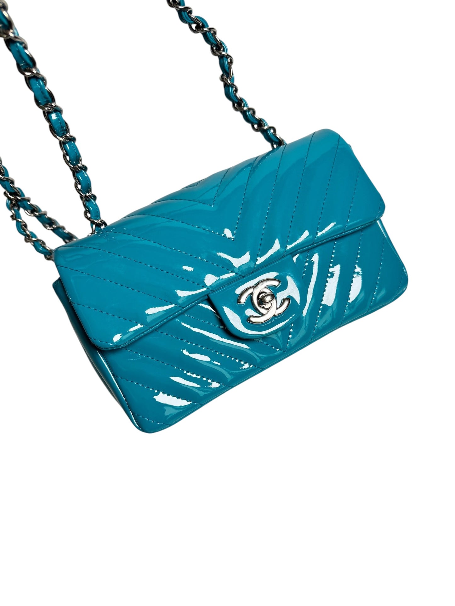 Chanel Mini Blue Patent Chevron Flap