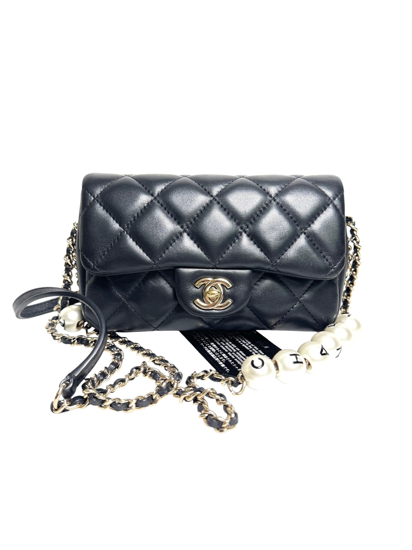 Chanel Quilted Black Lamskin Pearl Chain Mini