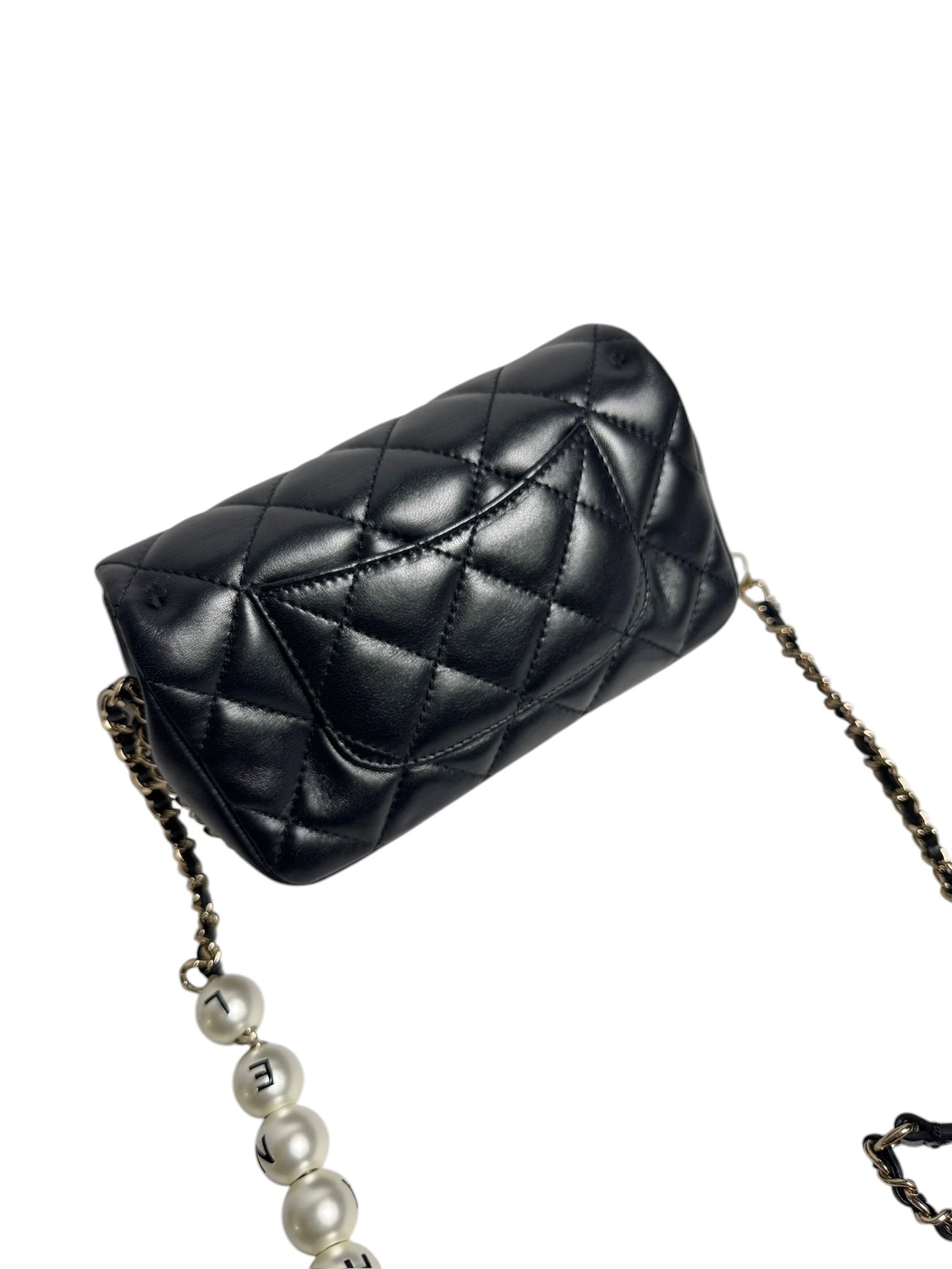 Chanel Quilted Black Lamskin Pearl Chain Mini