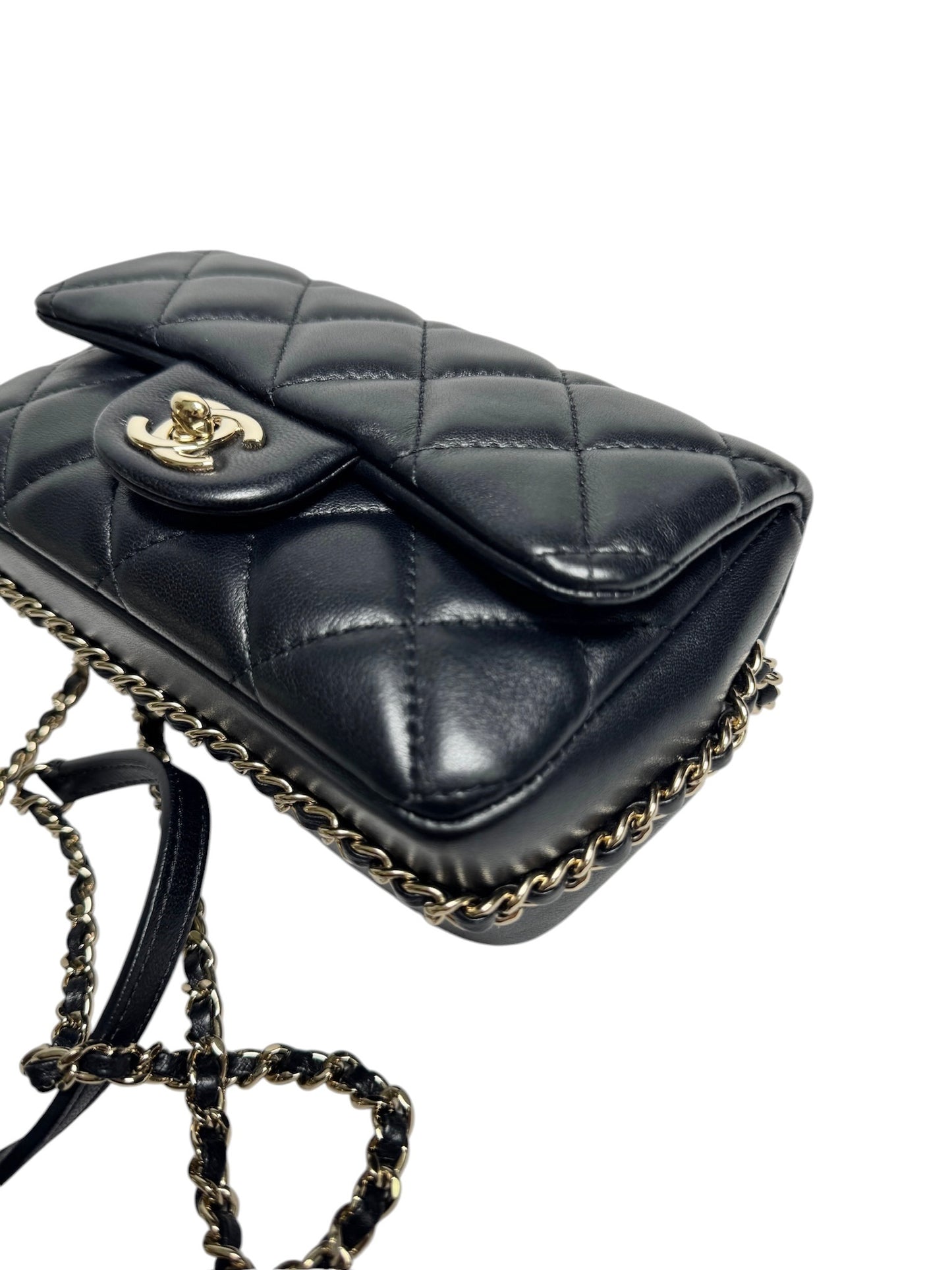 Chanel Quilted Black Lamskin Pearl Chain Mini