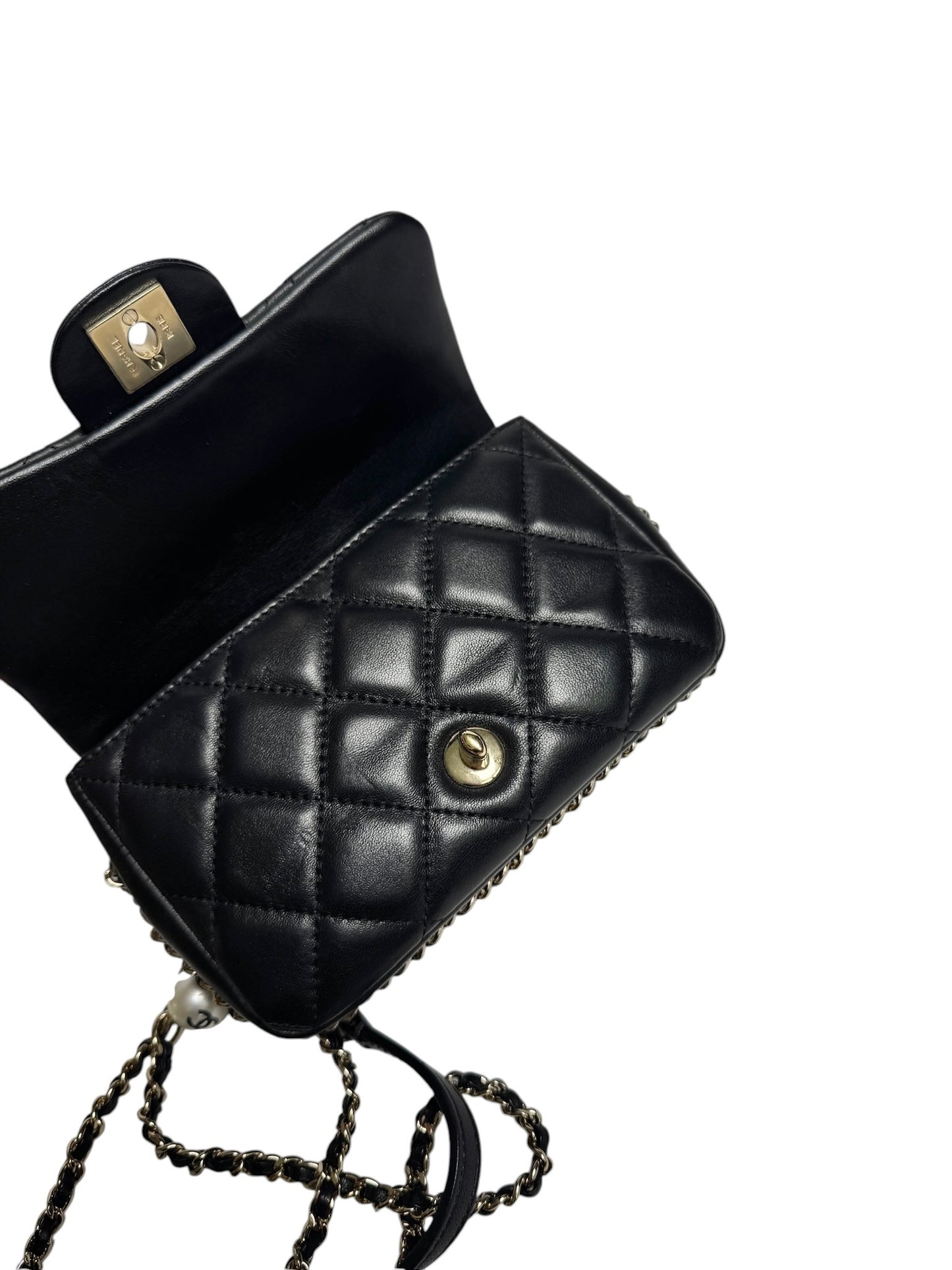 Chanel Quilted Black Lamskin Pearl Chain Mini