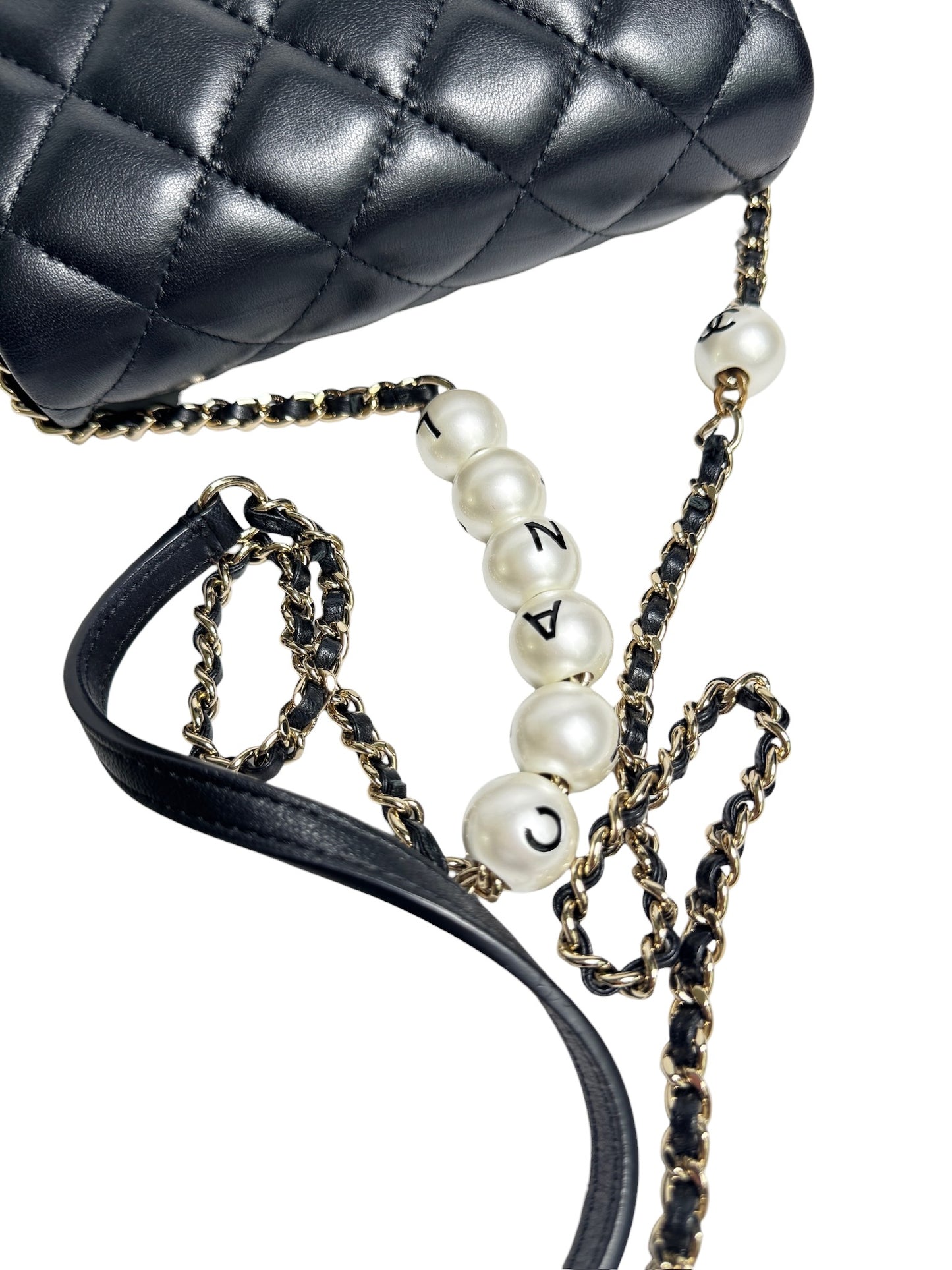 Chanel Quilted Black Lamskin Pearl Chain Mini