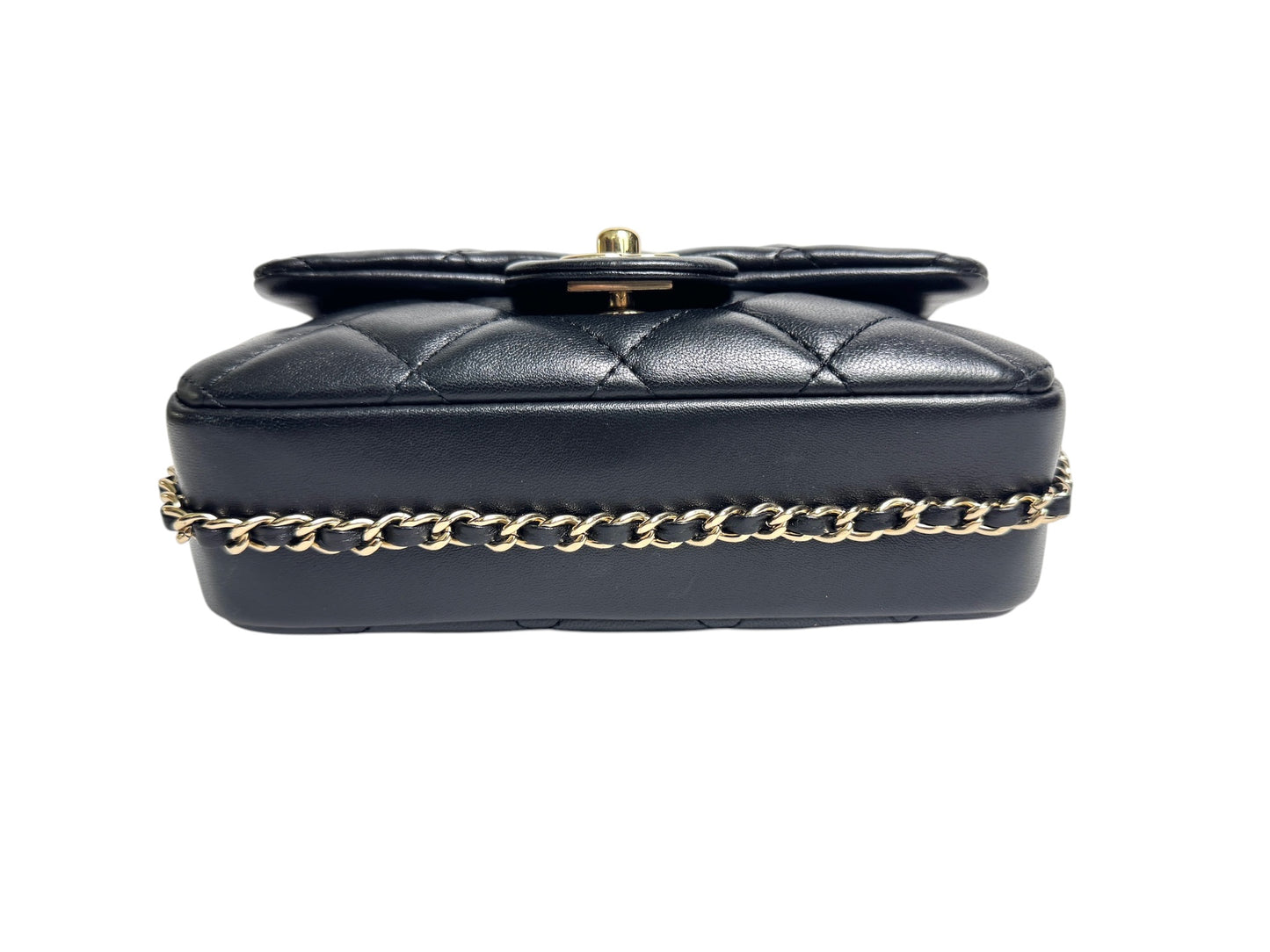 Chanel Quilted Black Lamskin Pearl Chain Mini