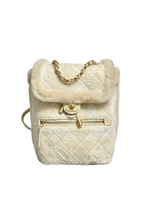 Chanel Tweed Shearling Quilted Backpack Cream