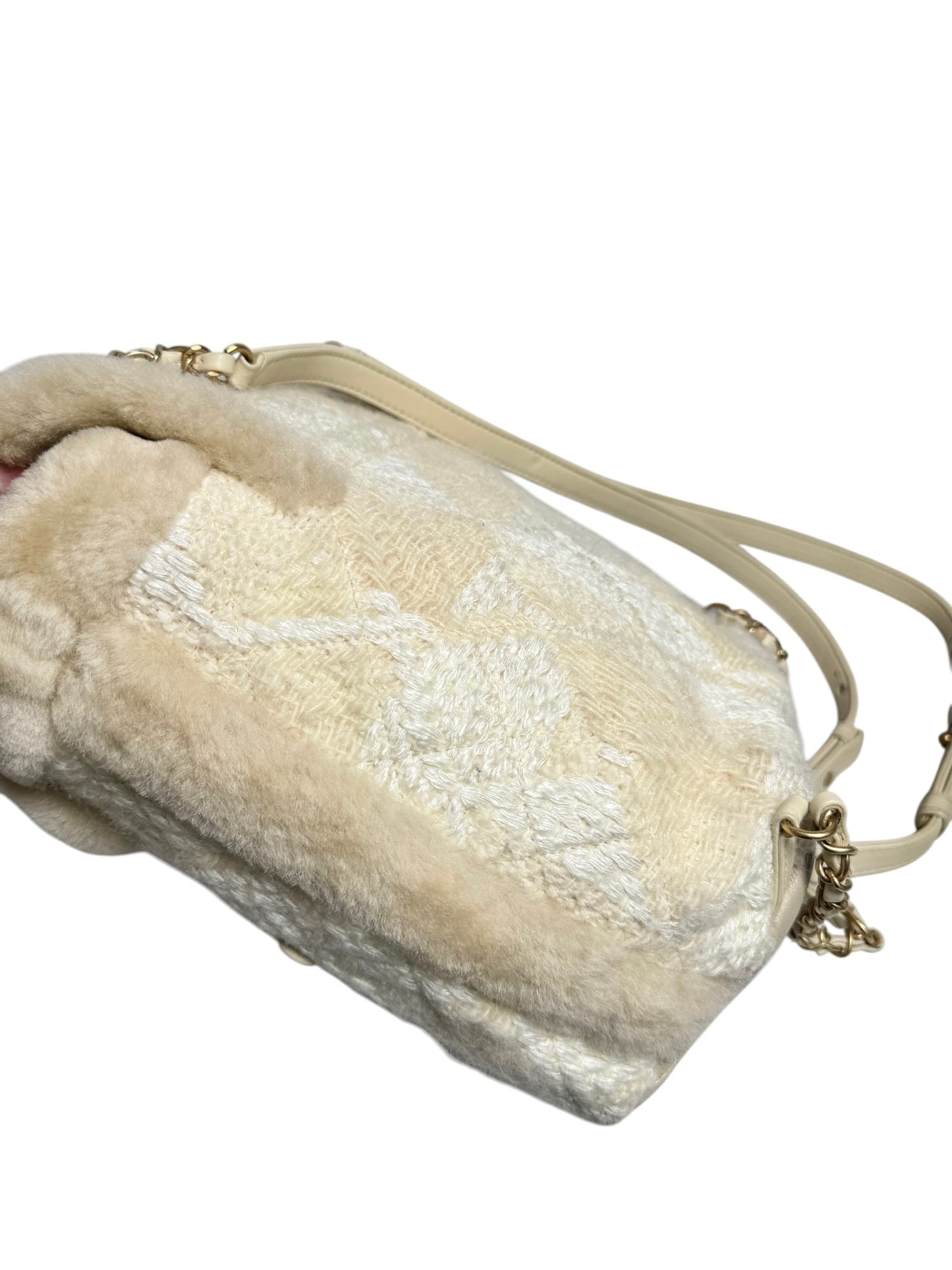 Chanel Tweed Shearling Quilted Backpack Cream