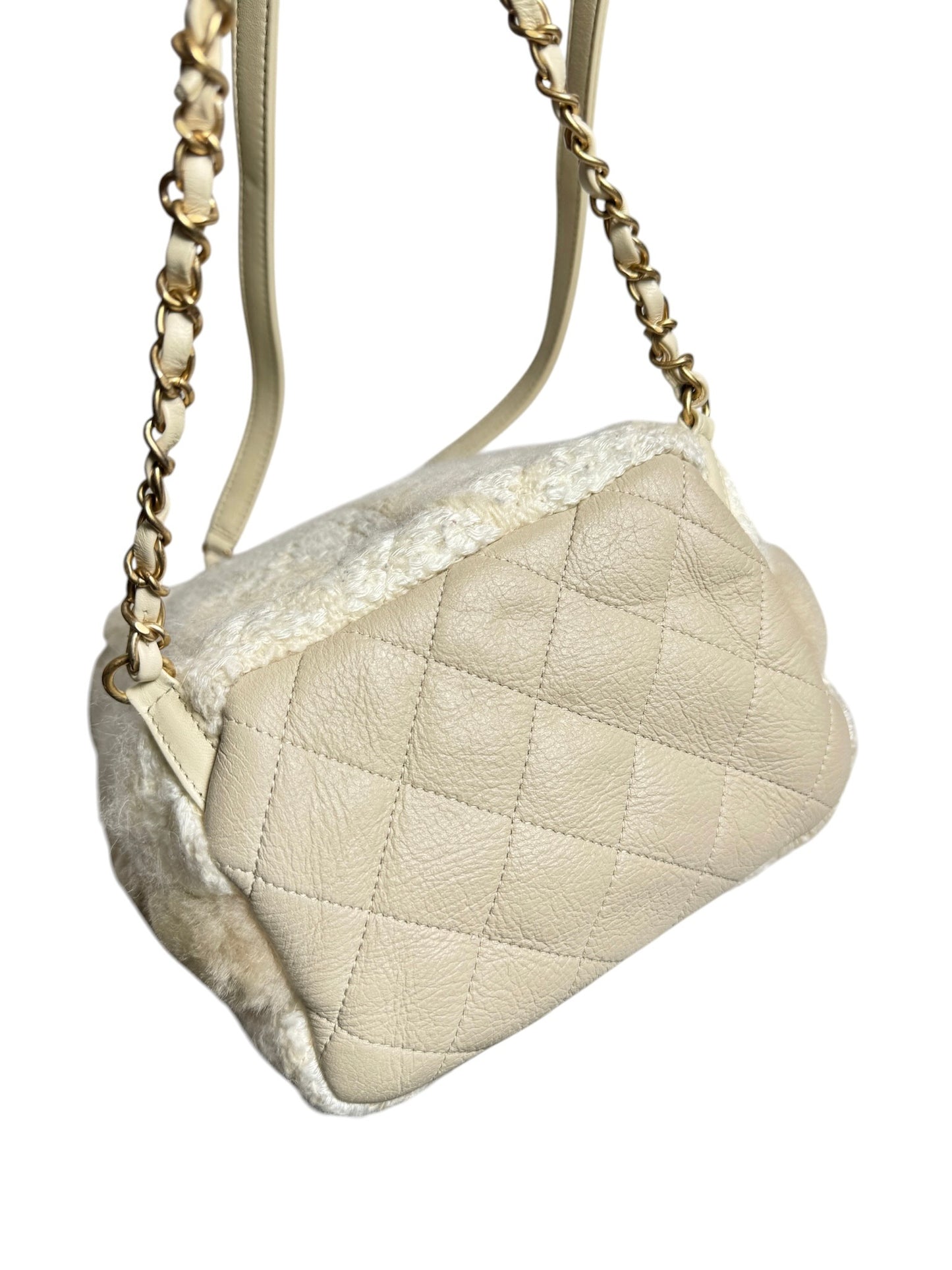 Chanel Tweed Shearling Quilted Backpack Cream
