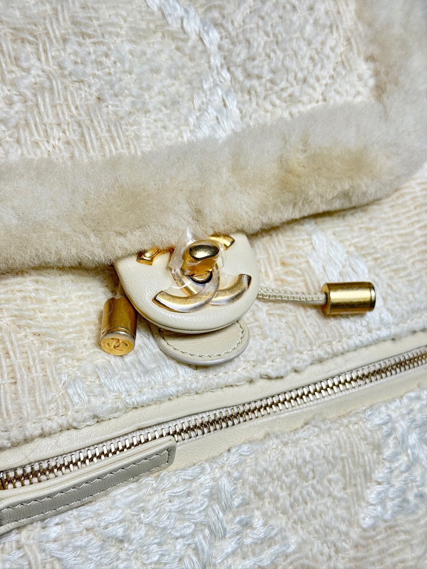 Chanel Tweed Shearling Quilted Backpack Cream