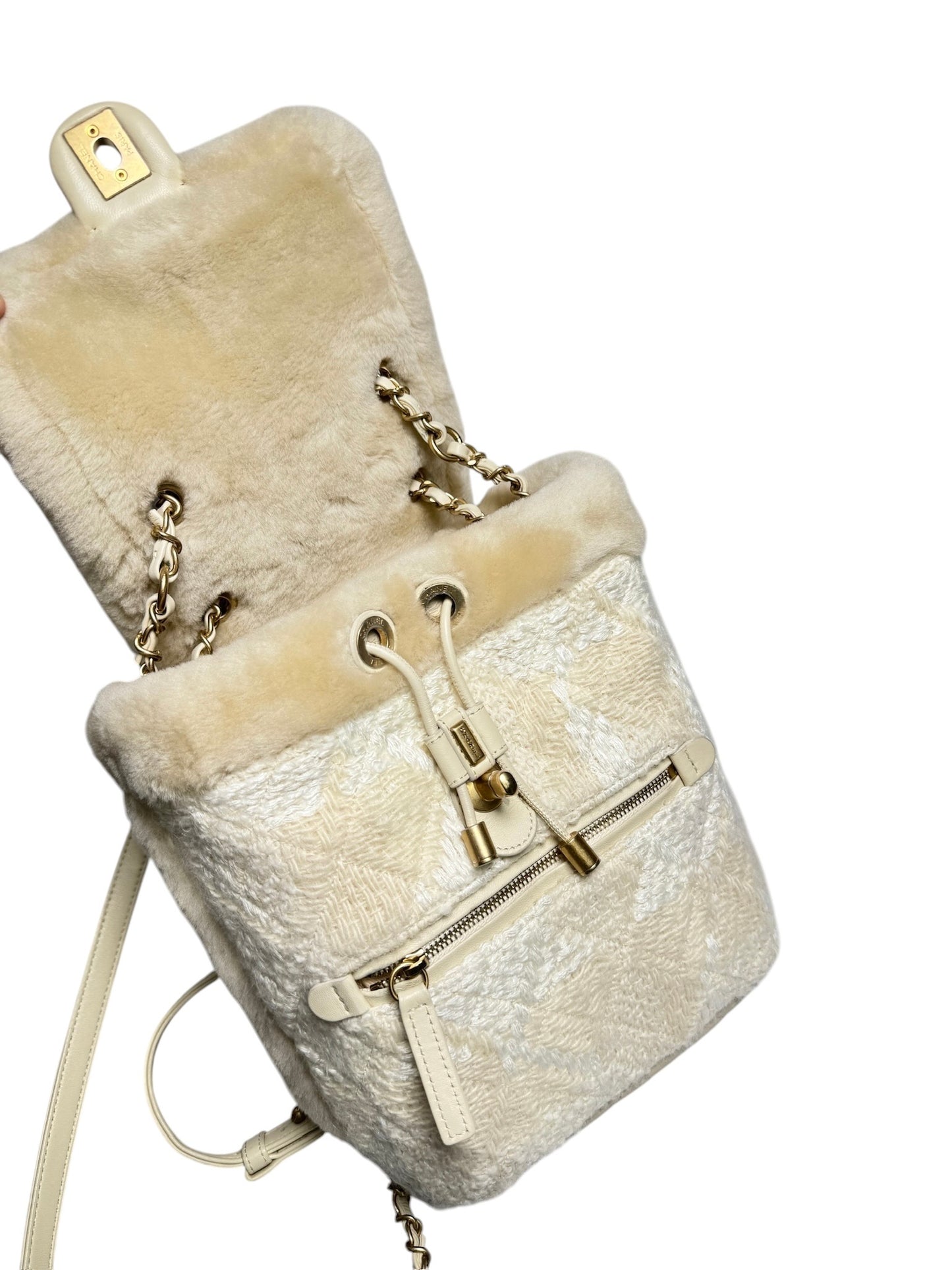 Chanel Tweed Shearling Quilted Backpack Cream